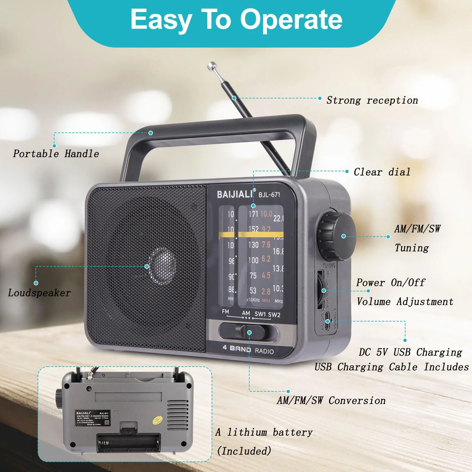 Radio Portátil Am/FM Recargable por USB-C, Altavoz Potente - Pequeña Radio de Emergencia para Interior, Exterior, Viajes y Tormentas (Modelo BJL-671)