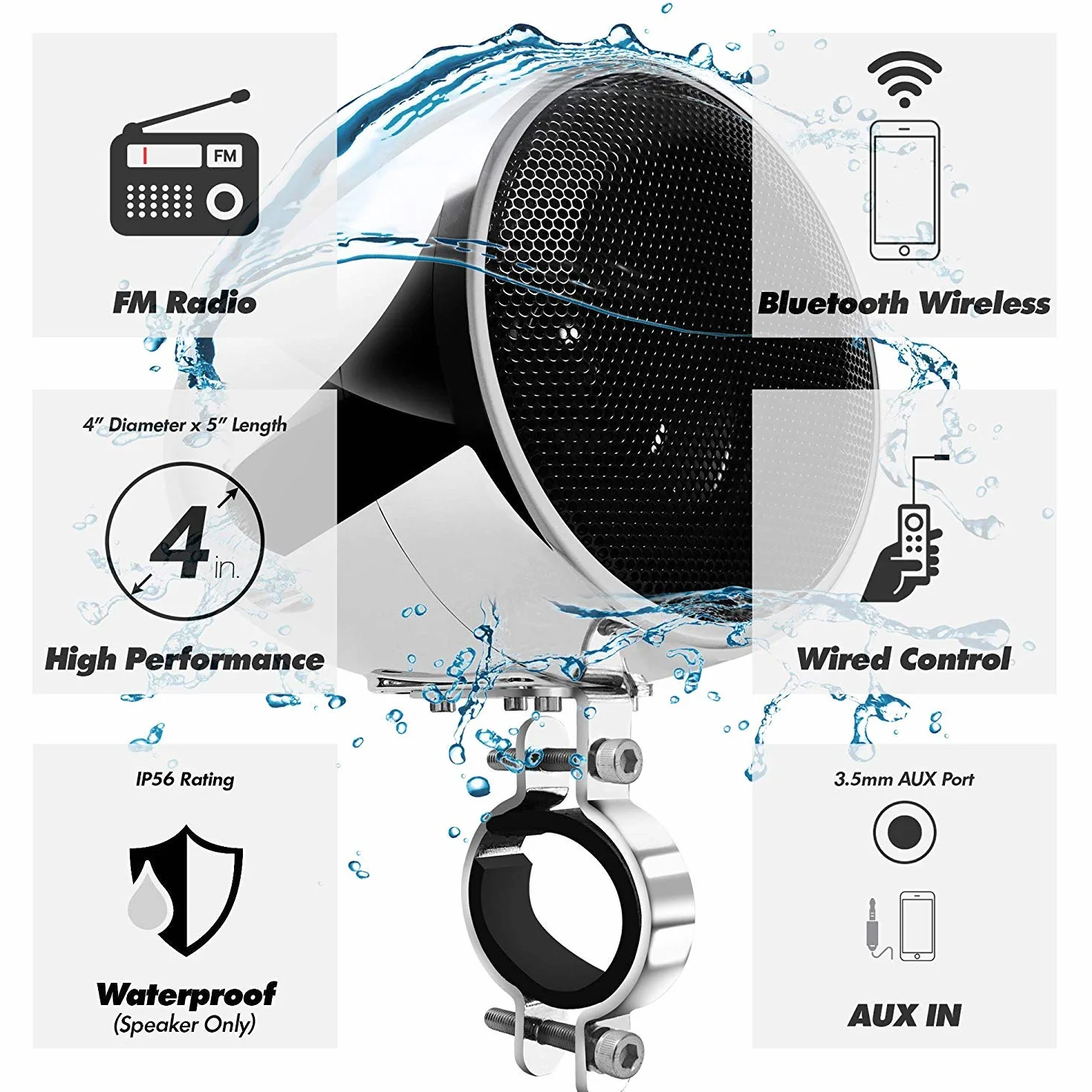 M150 Sistema de Audio con Amplificador de Motocicleta con AUX, MP3, Radio FM, 4 Pulgadas de Altavoces estéreo Bluetooth Impermeables para Motocicletas ATV UTV RZR (Cromo, Red)