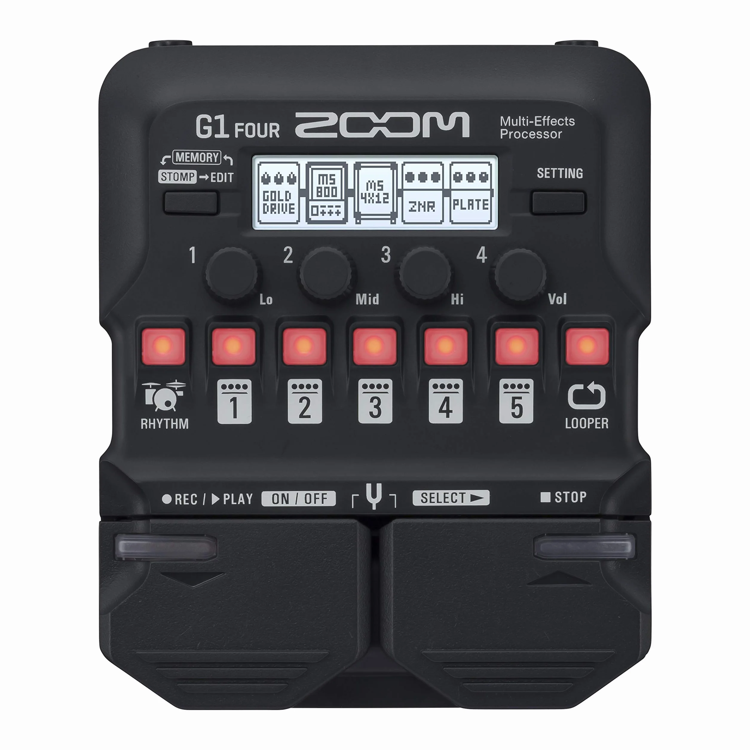 Zoom G1 FOUR Pedal multiefecto para guitarra, con 60+ efectos, modelado de amplificadores, looper, caja de ritmos, afinador, alimentado por pilas