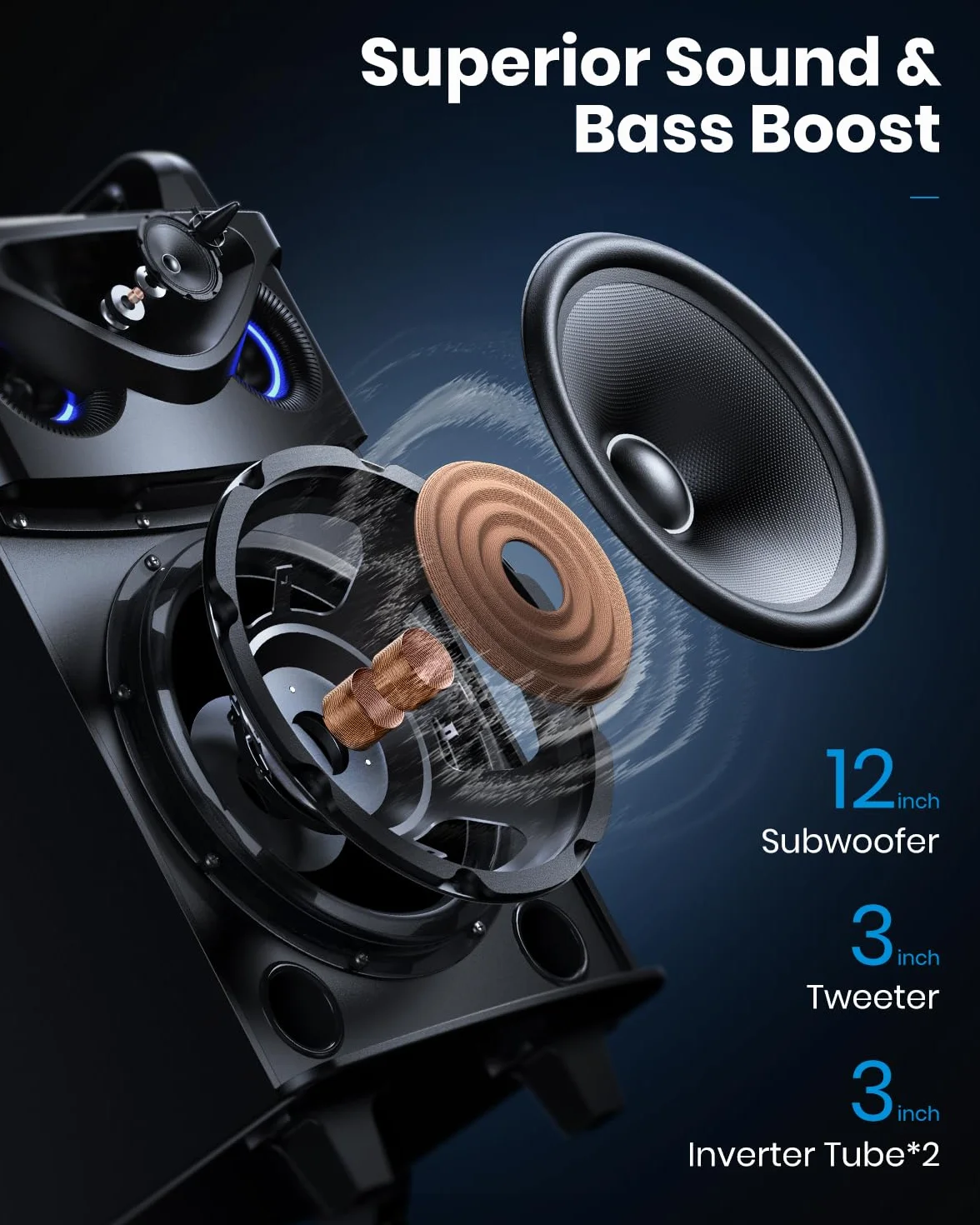 Moukey Altavoz Karaoke con 2 Micrófonos Inalámbricos, Máquina de Karaoke Bluetooth Portátil con Luces de Fiesta, Ajuste de eco/agudos/graves, 12" Woofer Sistema PA Soporte TWS/REC/AUX IN/MP3/USB/TF/FM