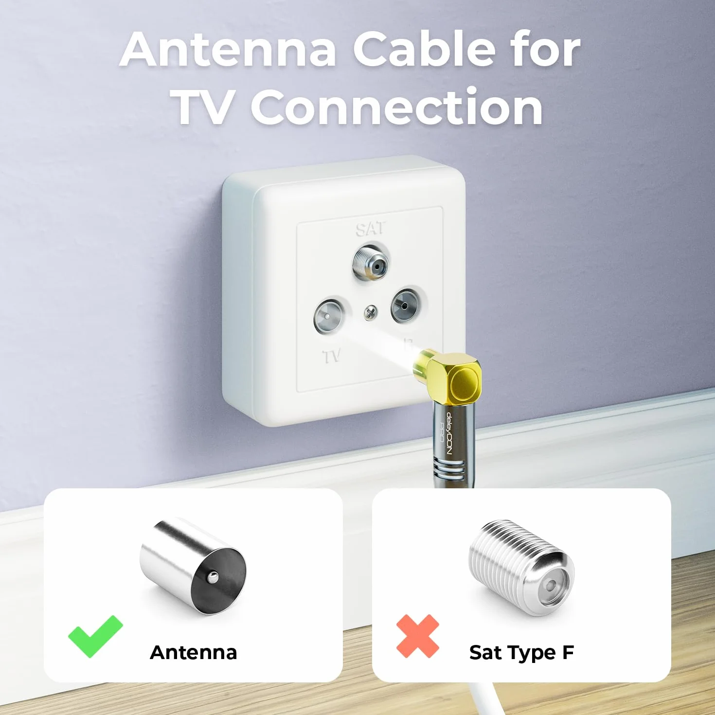 deleyCON 3,0m Cable Antena TV 4K - 4K Ultra-HD Full HD HDTV - 1x Acodado - Cable Coaxial - Conector IEC (Recto) a Toma IEC (90° Grados) - Conector Metálico - Blanco
