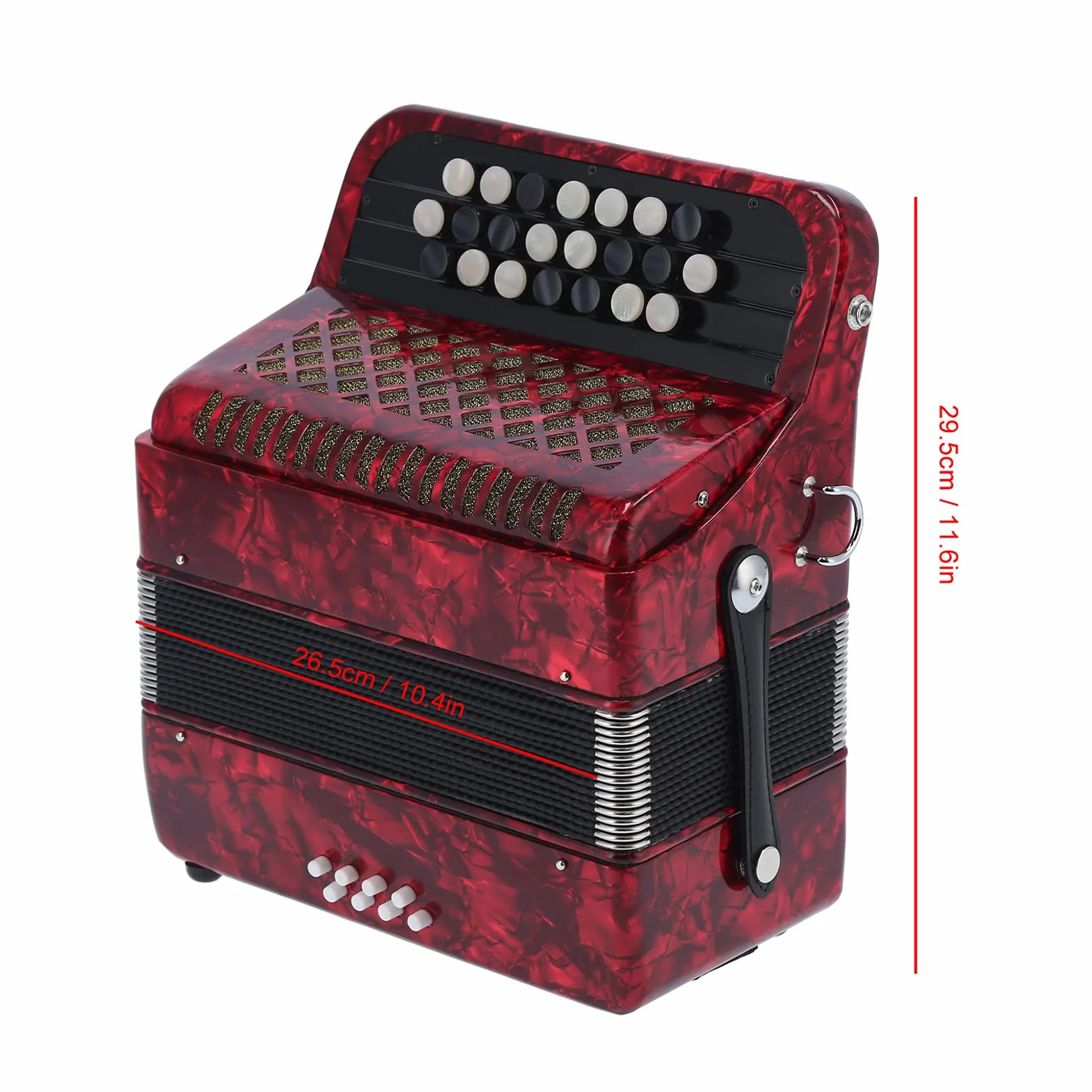 Acordeón Profesional de 22 Teclas y 8 Bajos, Botón y Negro, Cambiadores de Voz Ajustables, Cómodos, Sensibles, ABS, Madera, Metal, Caña, Celuloide, Mochila, Correas, (rojo)