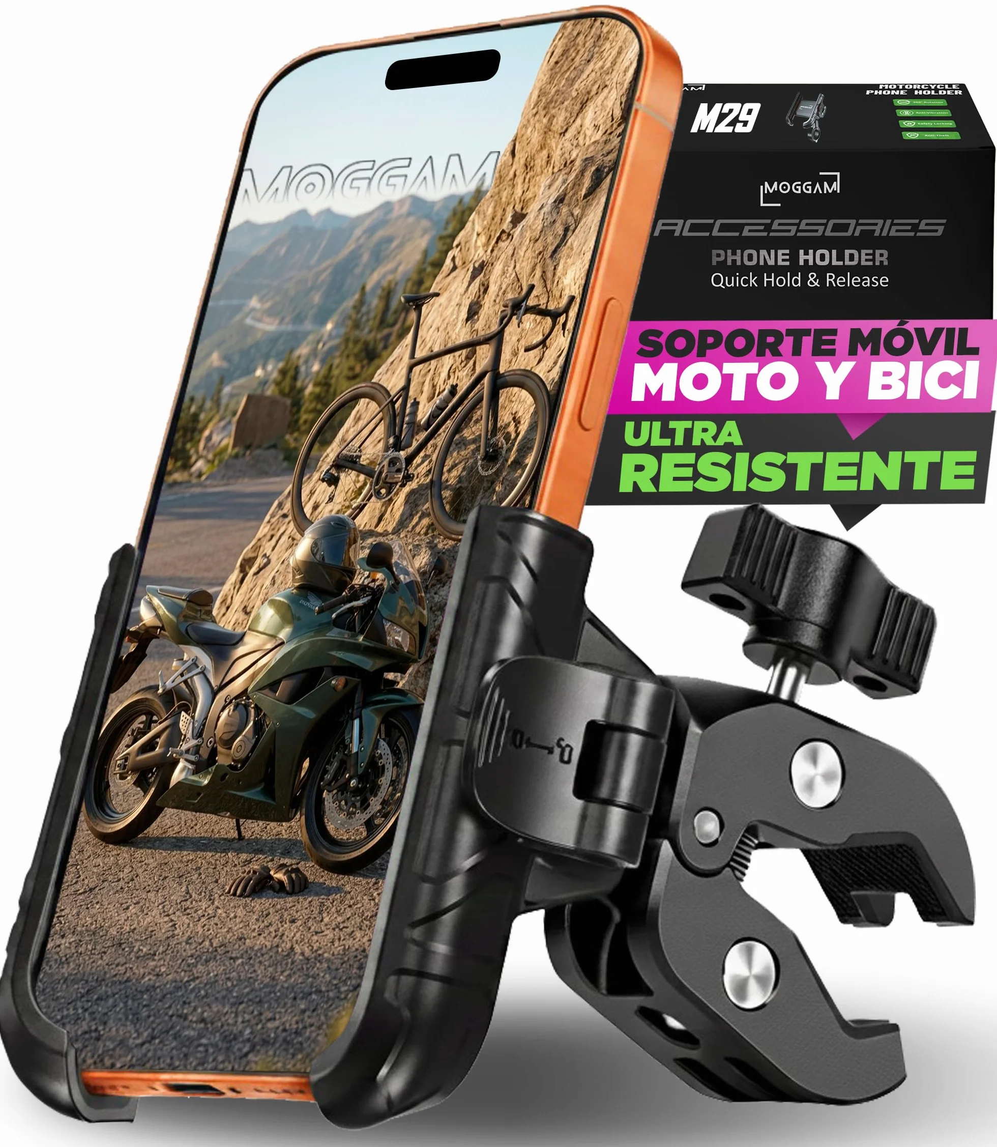 Soporte Móvil Ultra Resistente Antivibración para Bicicleta con Pinza de Aluminio Rotación 360° para Manillar MTB Smartphone