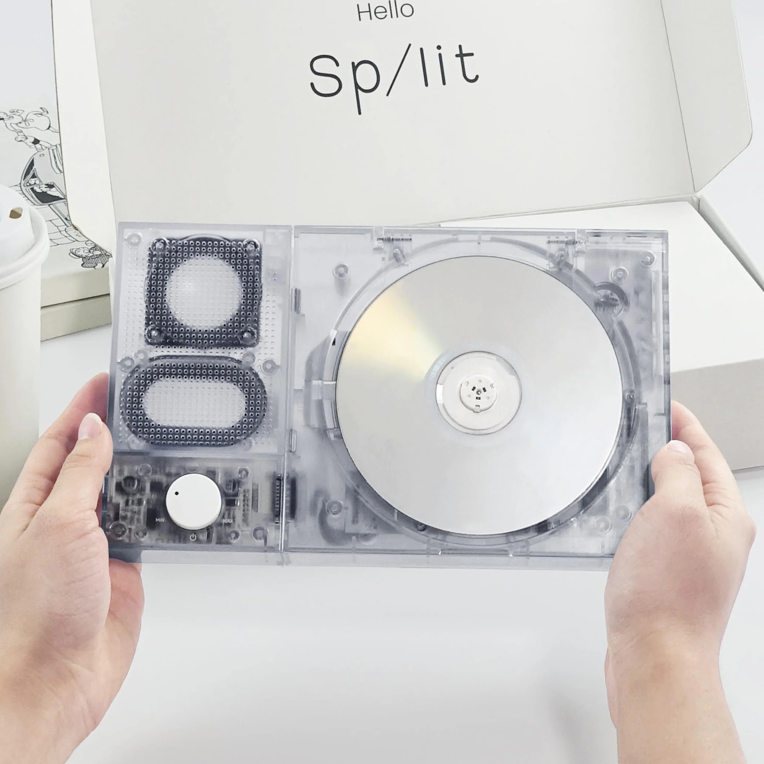 【Tinyl Split】Reproductor de CD 3 en 1 completamente nuevo y mejorado, blanco transparente, altavoz Bluetooth desmontable y reproductor de CD, portátil, recargable, para el hogar como regalo