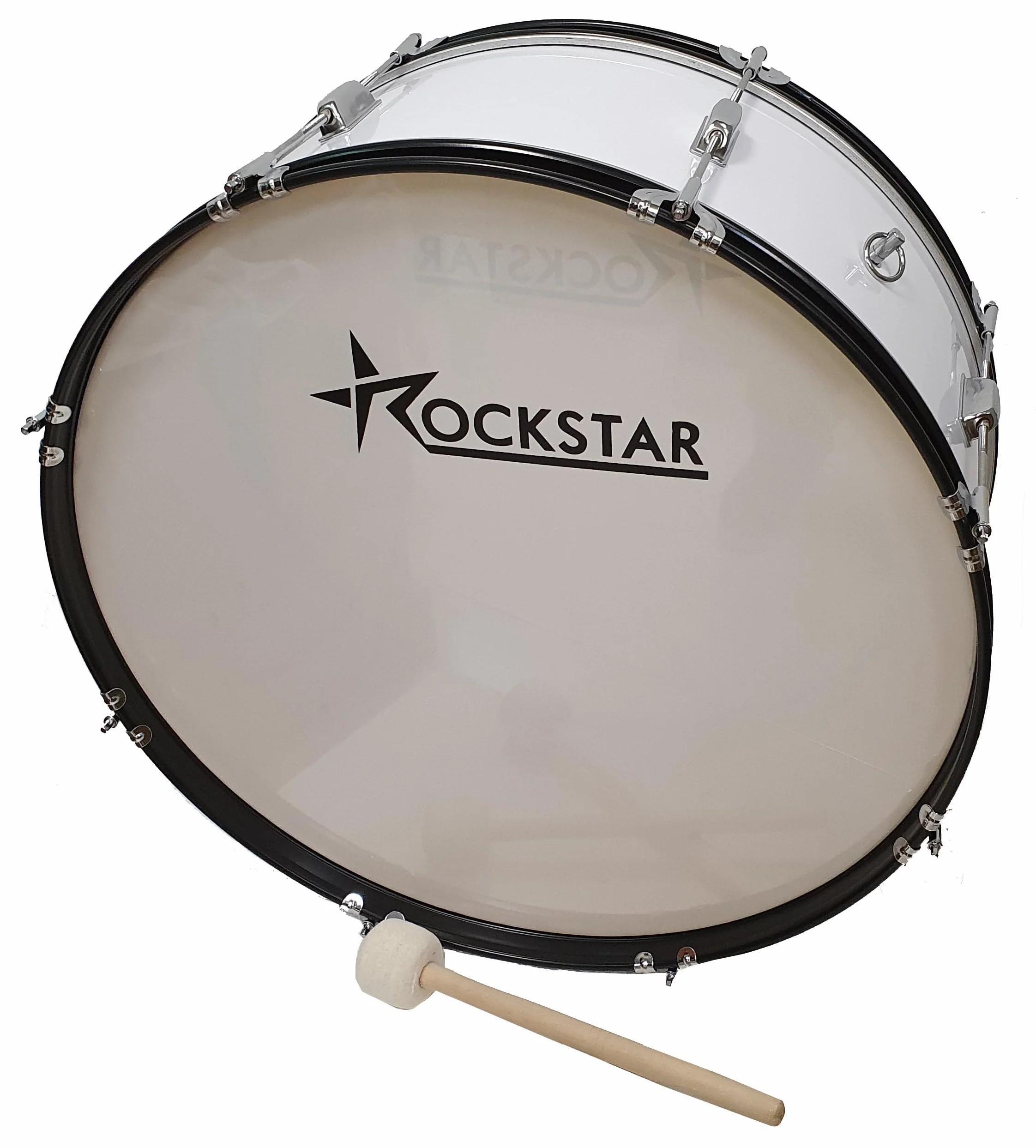 ROCKSTAR - Bombo Banda Charanga y Animación Futbol B1071 25"x 10" (63cm x 25cm), Maza y Correas Cruzadas, Color Blanco