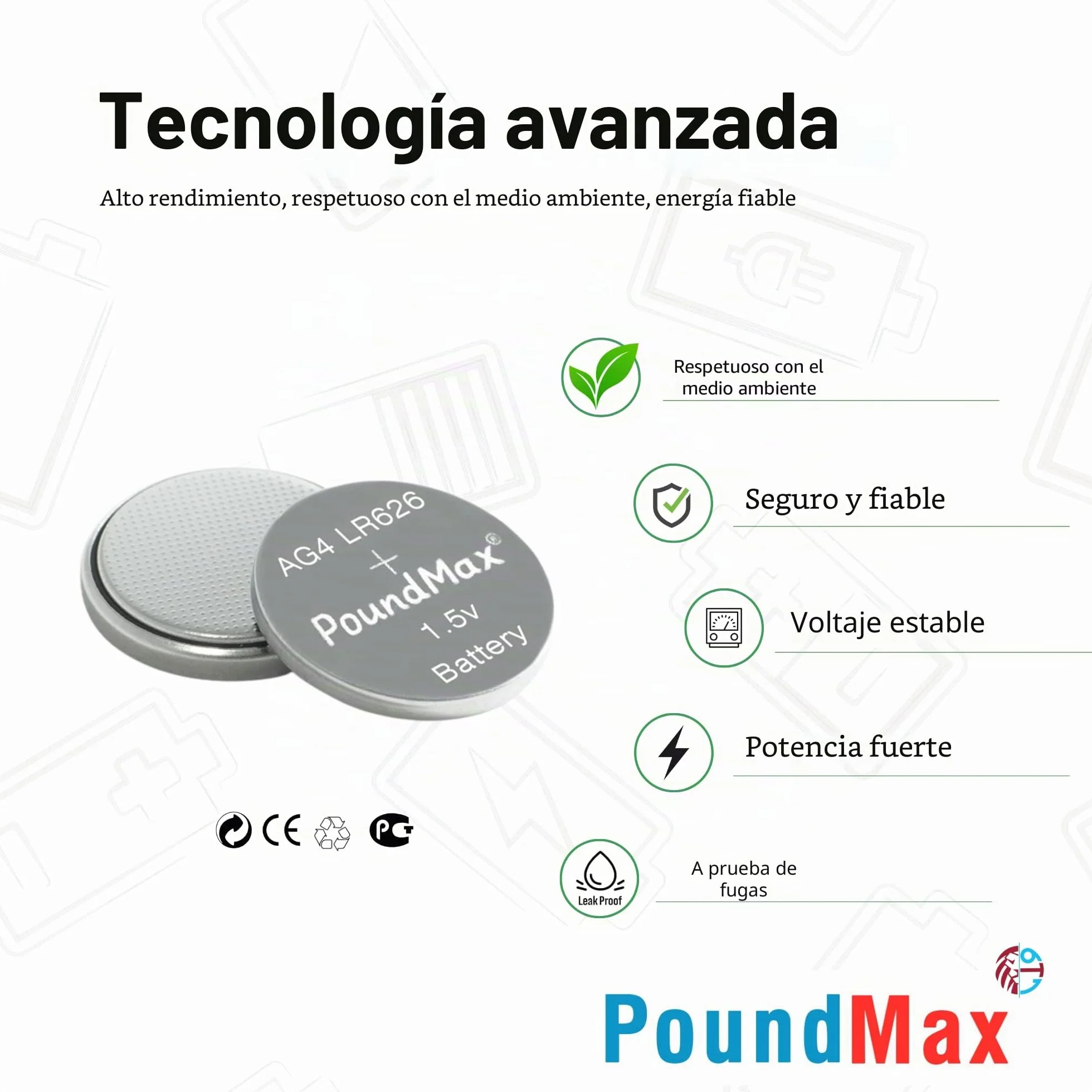 10 Pilas alcalinas AG4 376/377 LR66 SR626 SR626SW 1.5 V PoundMax