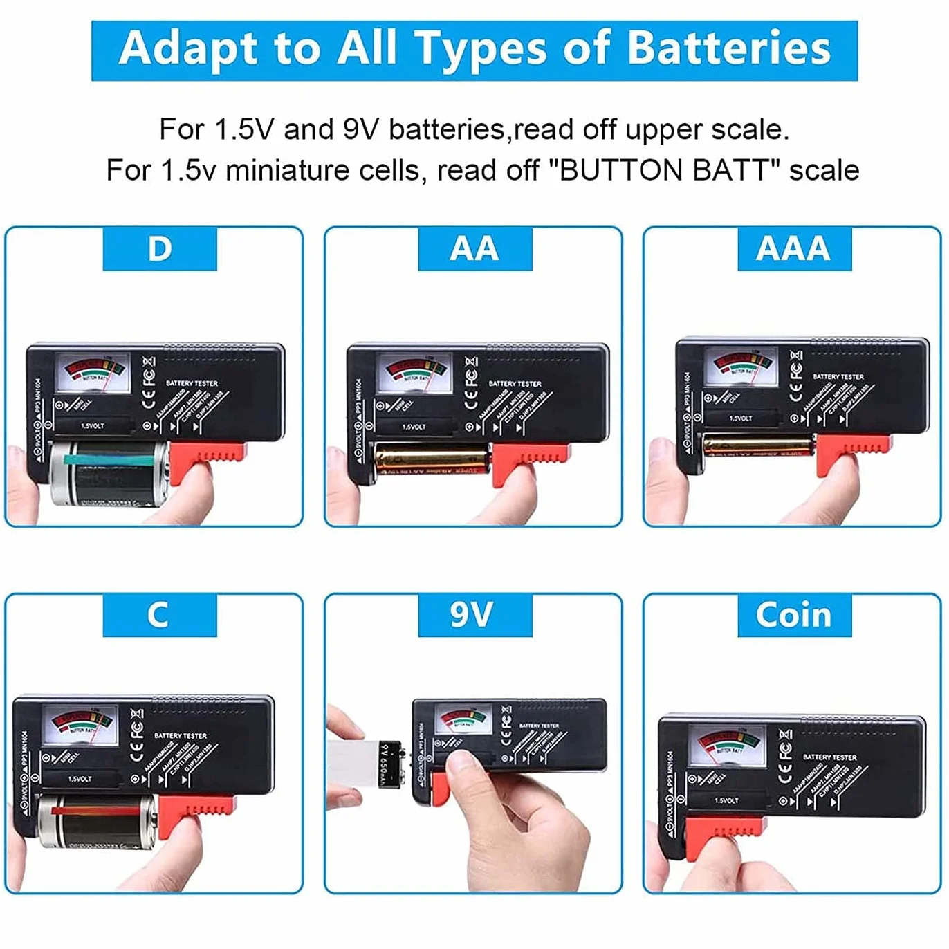 Comprobador de Pilas,Comprobador de batería doméstica,probador de batería universal,para las baterías de la célula del botón de AA AA C D 9V 1.5V