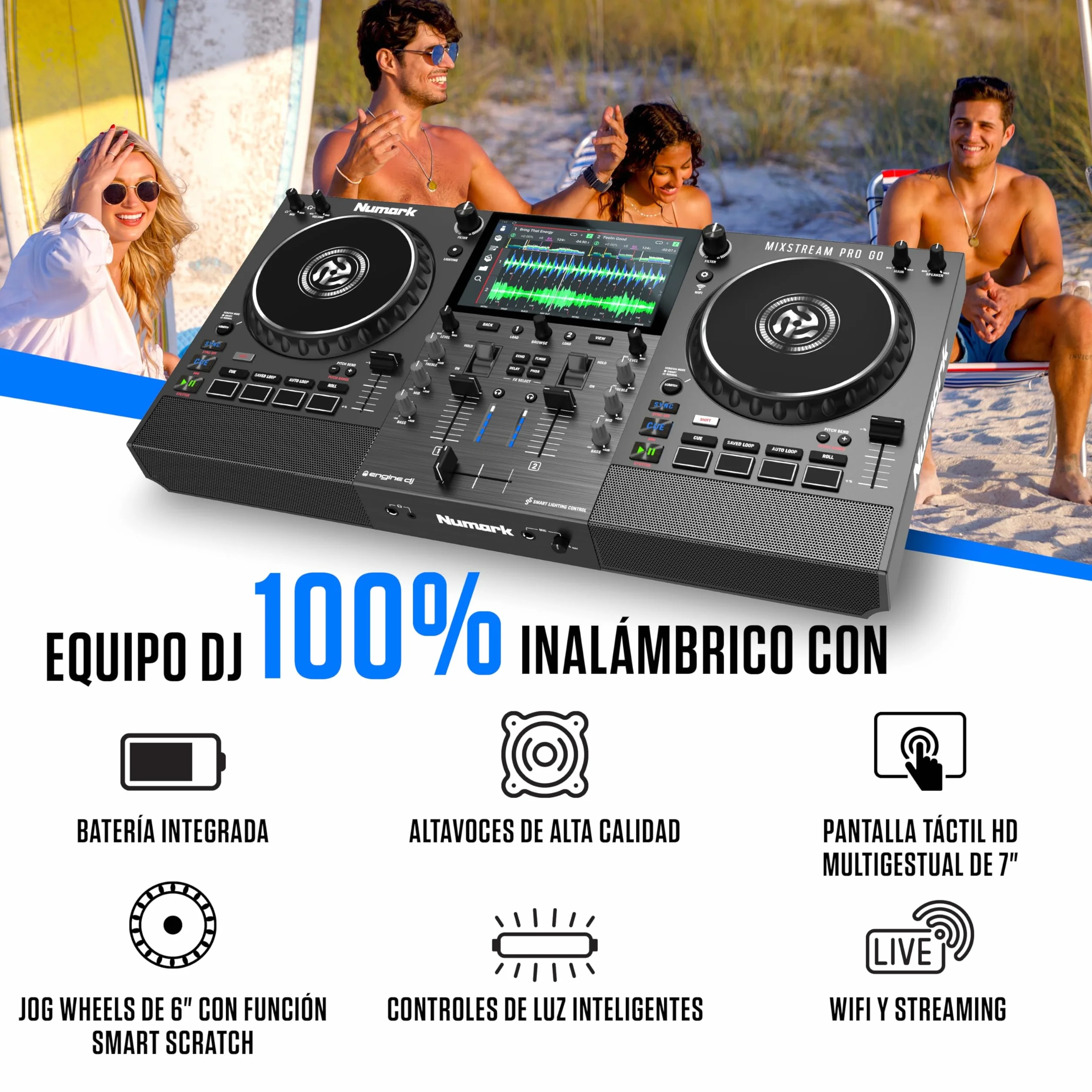 Numark Mixstream Pro Go Controlador DJ portátil, batería, mezclador con separación de stems, altavoces, streaming wifi, pantalla táctil y Serato DJ