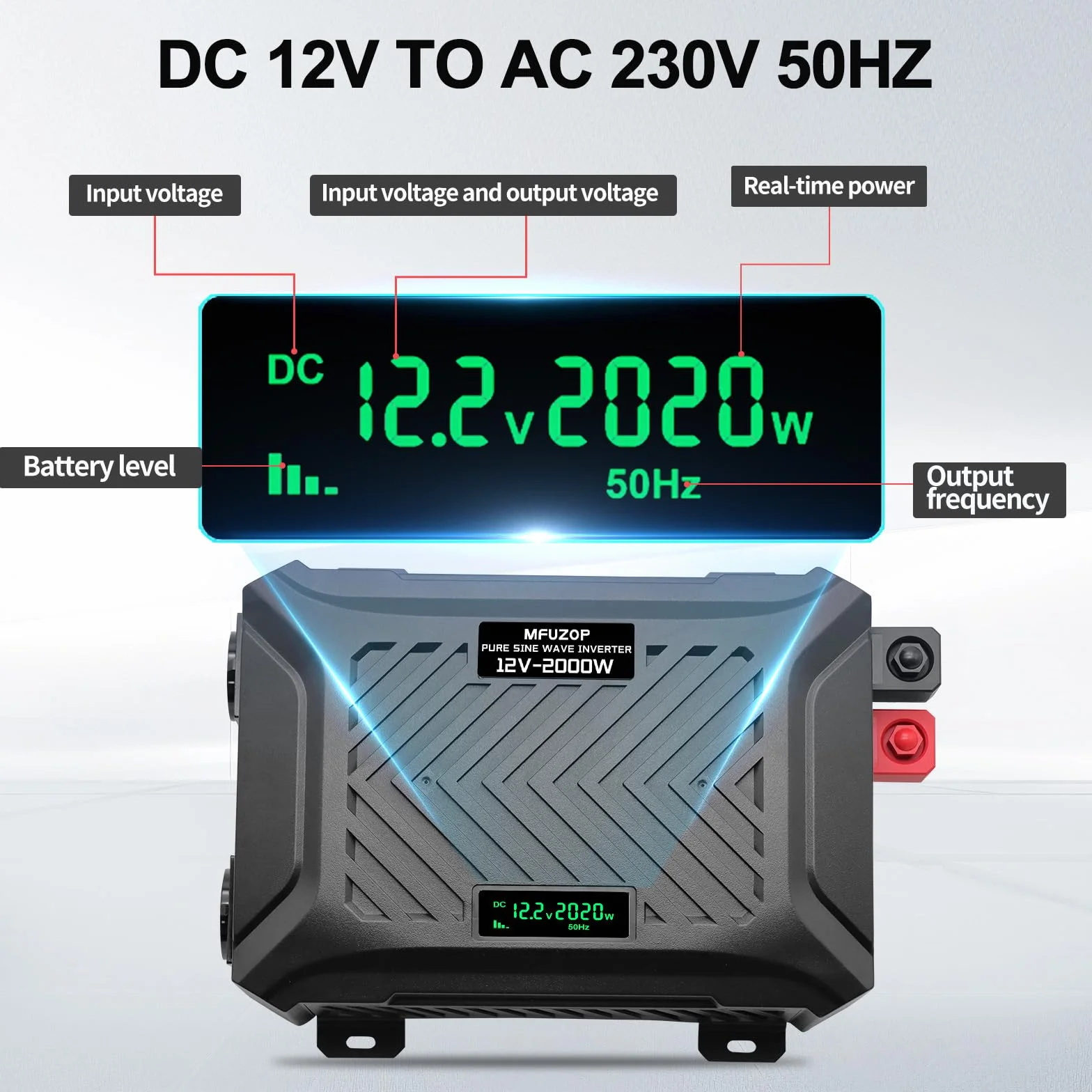 Inversor 12V 220V Onda Pura 2000W, Transformador con 2 Enchufes EU, Convertidor Potencia Pico 4000W, 1 USB-C & 1 USB-A (2,1A) para Camión Caravana Equipos Solares