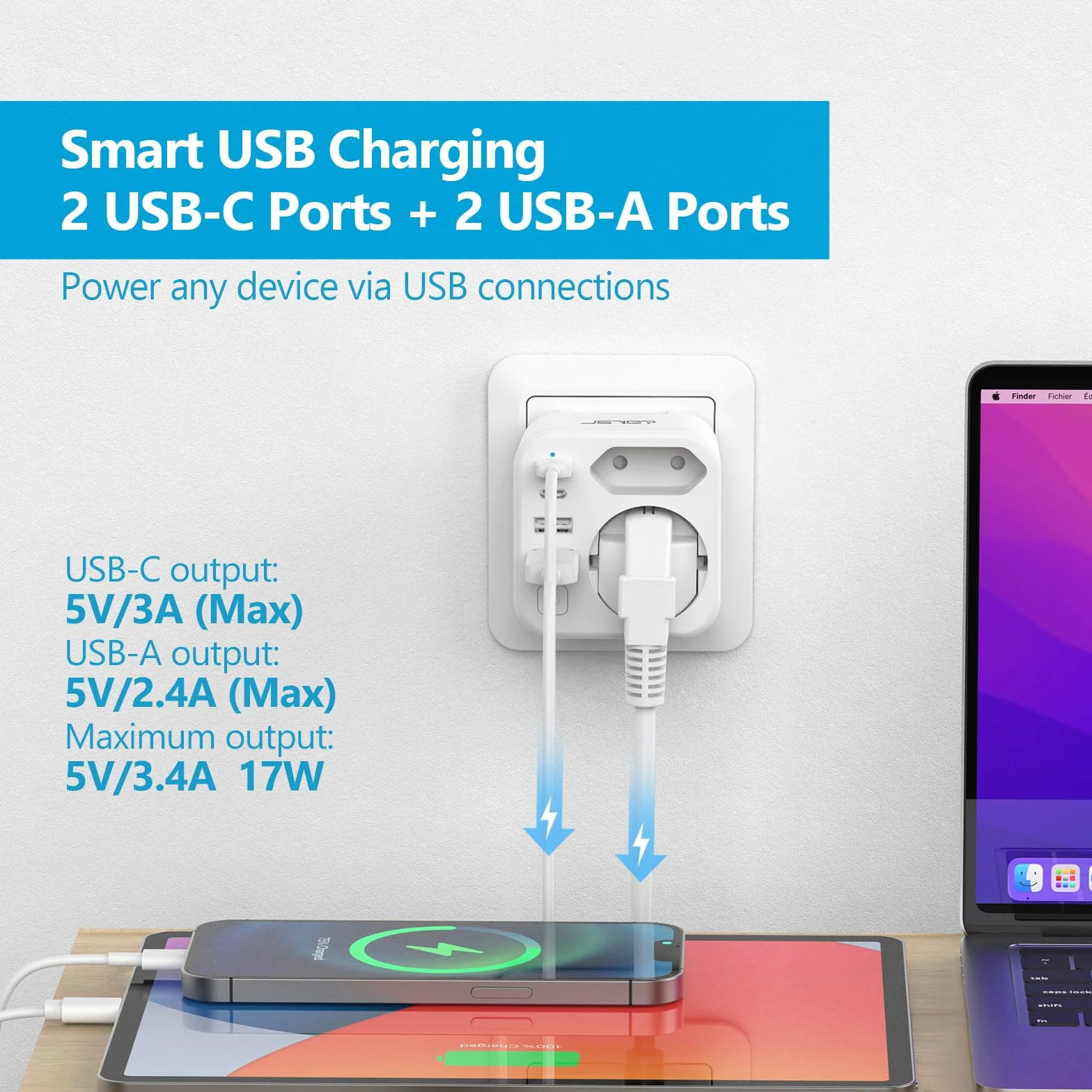 JSVER Adaptador de Enchufe Universal con 2 Enchufes Reemplazables Tipo B/G y 2 Enchufes de CA,4 Puertos USB, Cargador para España, EE. UU., Reino Unido, Canadá, México, HK (Blanco)