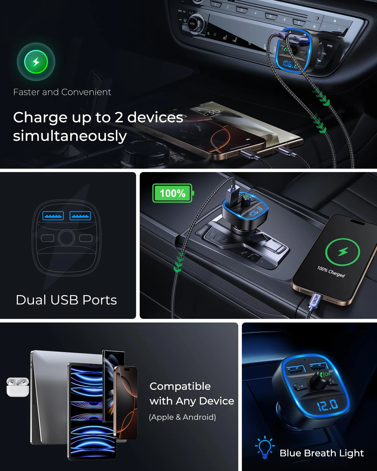 LENCENT Transmisor FM Bluetooth Coche Manos Libres Inalámbrico Reproductor MP3 Adaptador Radio Dual USB 5V/2.4A 1A SD USB