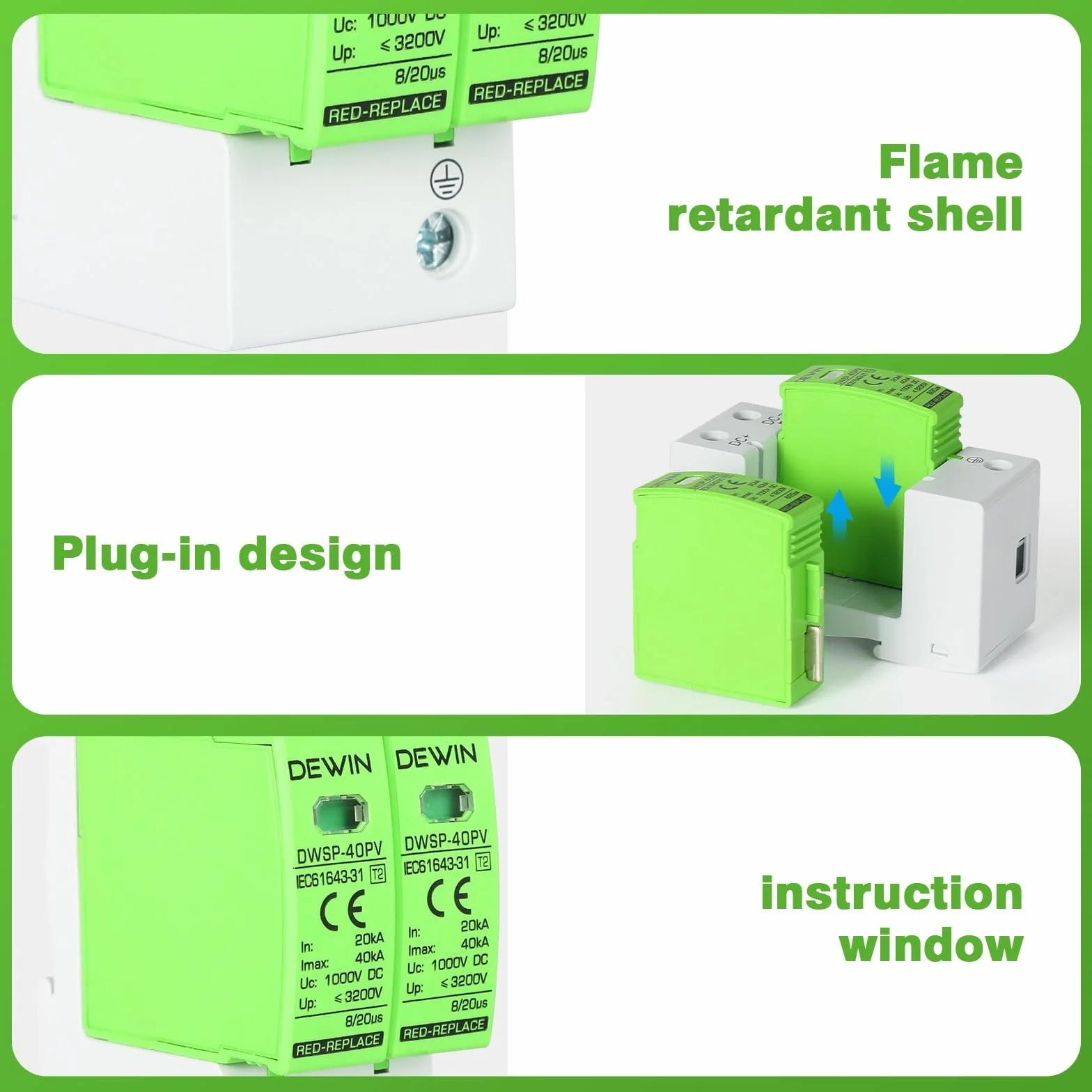 DEWIN Dispositivo de protección contra sobretensiones, 2P 40KA Dispositivo de pararrayos fotovoltaico DC 1000V Protector contra sobretensiones Dispositivo de protección contra rayos Carril DIN de 35mm