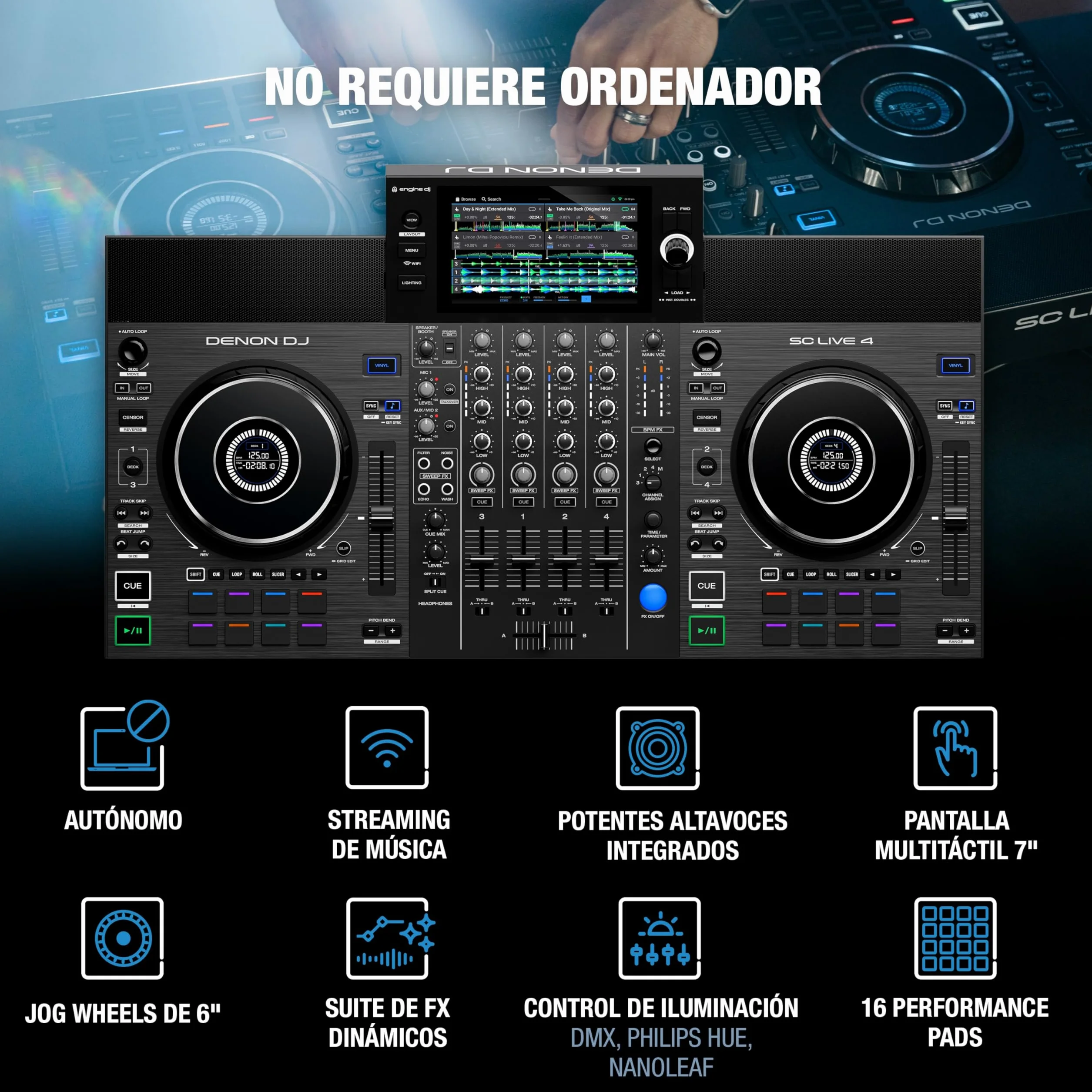 Denon DJ SC LIVE 4 Controlador DJ con separación de stems en 4 decks, streaming por wifi, altavoces integrados, compatible con Serato DJ y Virtual DJ