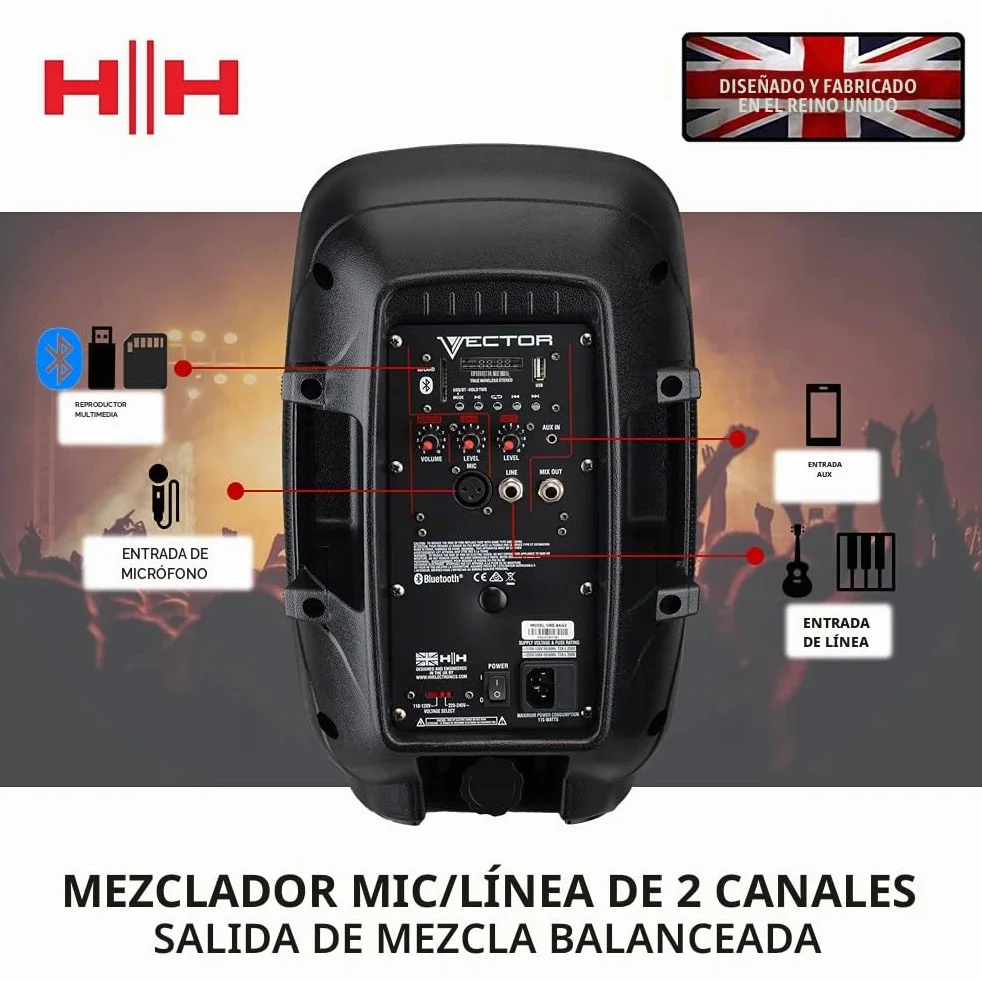 VECTOR by HH Electronics VRE-8AG2 - Altavoz activo portátil de 300 W 8 pulgadas de 2 vías con mezclador de 2 Ch, Bluetooth V5.0, SD y USB