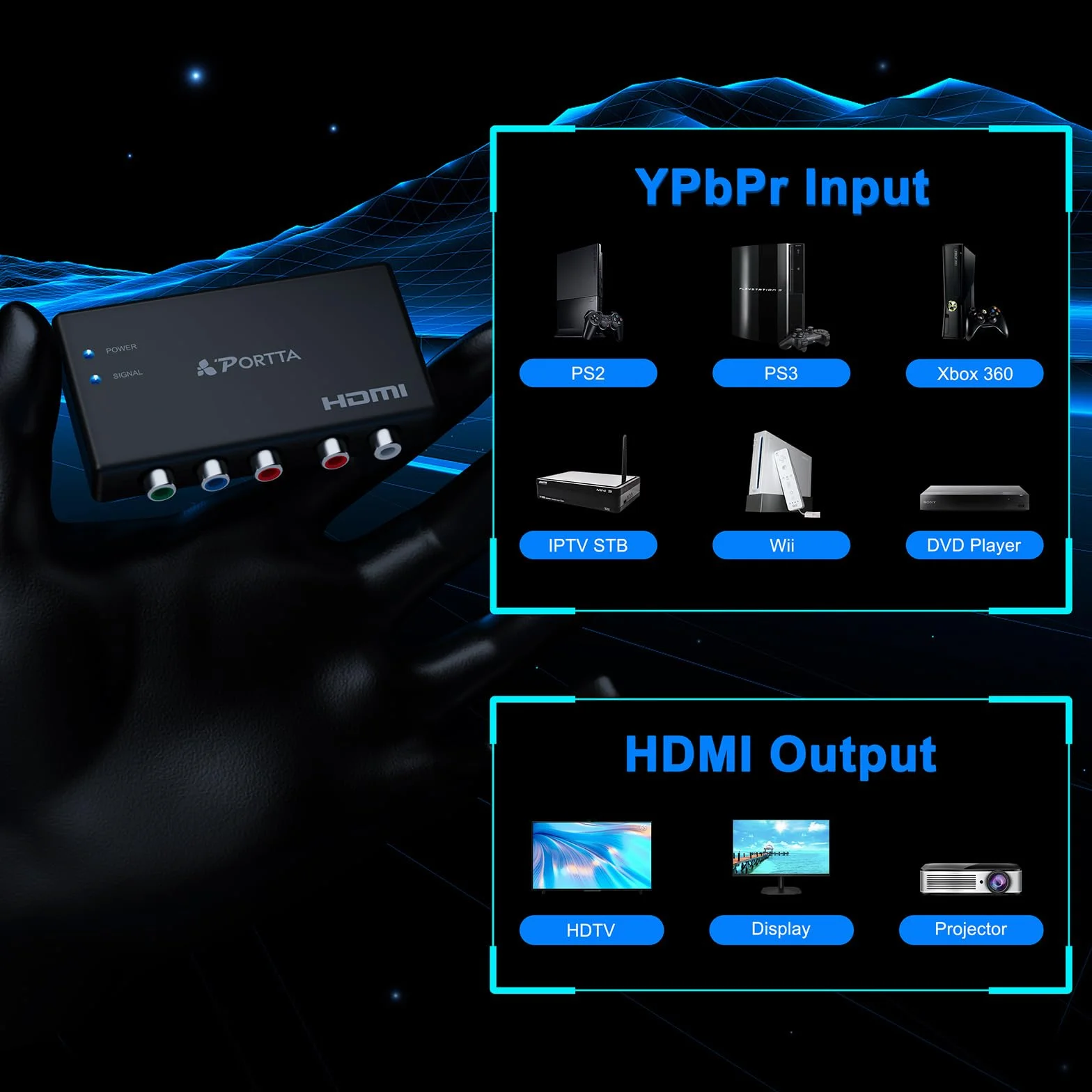 Portta Convertidor de Componente a HDMI, 5 RCA YPbPr a HDMI, Adaptador RGB Compatible con PS2, PS3, Wii, DVD, Xbox 360, HDTV, Monitor, Proyector