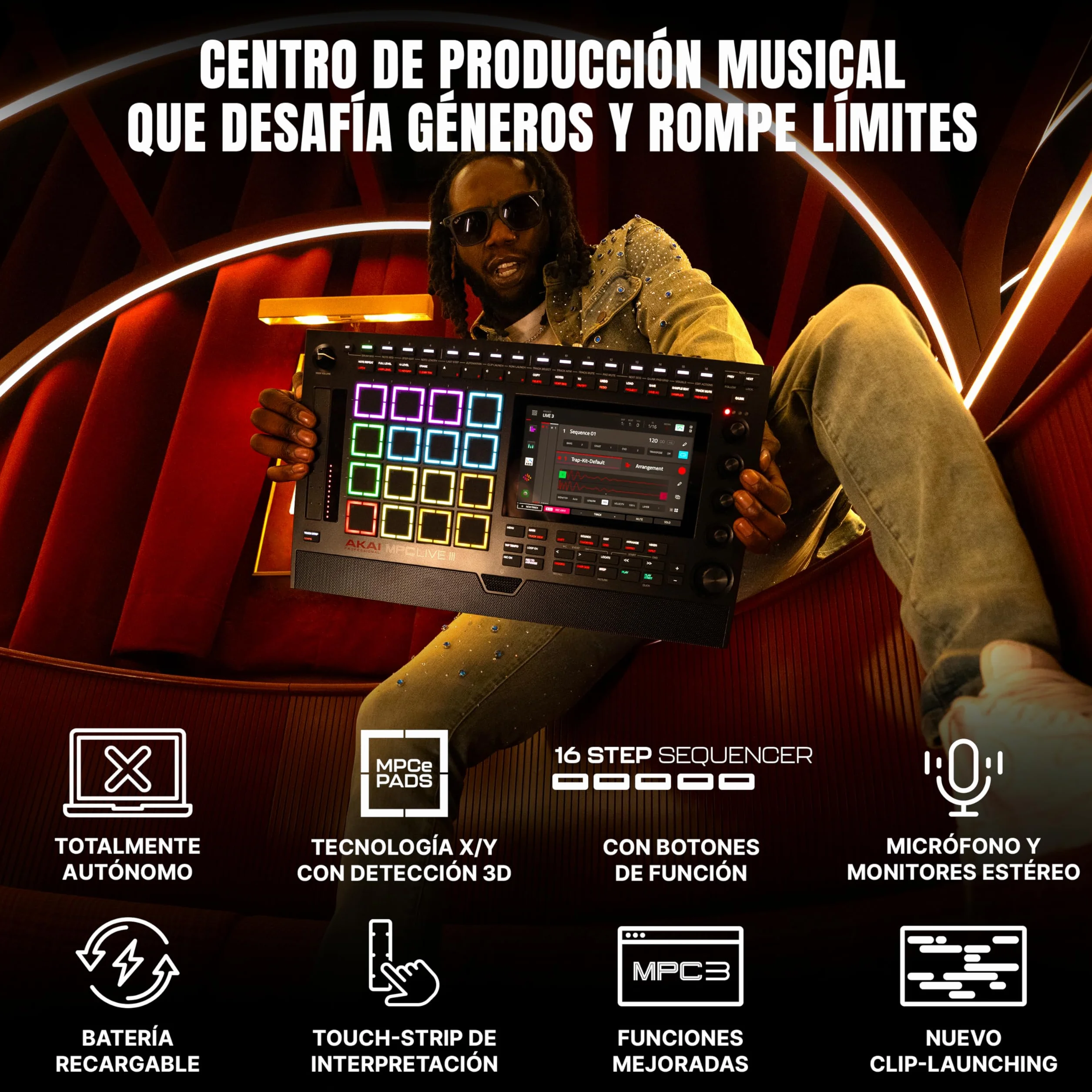 Akai Professional MPC Live III Centro de Producción Musical portátil y Autónomo con Pads MPCe, Secuenciador, Pantalla táctil, Micrófono, Altavoces, Interfaz de Audio, Wi-Fi, Bluetooth, Batería