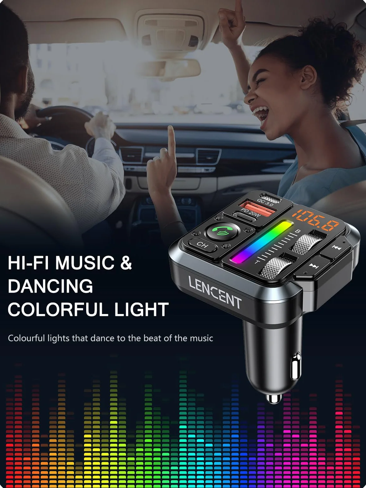 LENCENT Transmisor FM Bluetooth 5.3 para Coche, Reproductor Música con Sonido de Agudos y Graves Ajustable, Adaptador Radio Carga Rápida PD 20W y QC 3.0, Llamadas Manos Libres, Siri Google Assistante