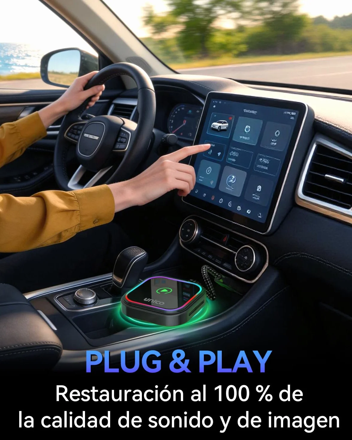 Unico Adaptador CarPlay Inalámbrico Convierte tu conexión por Cable en inalámbrica, diseño RGB 2026 para vehículos con Sistema Original, conexión rápida y Estable, Compatible con iPhone iOS 10+