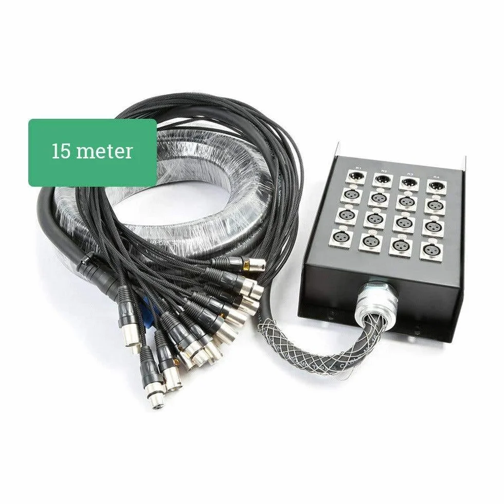 Power Dynamics Cable de audio manguera para escenario con 12 entradas XLR Hembra 4 Salidas XLR macho, cable flexible, cajetín metálico con conectores metálicos de calidad, longitud 15 Metros
