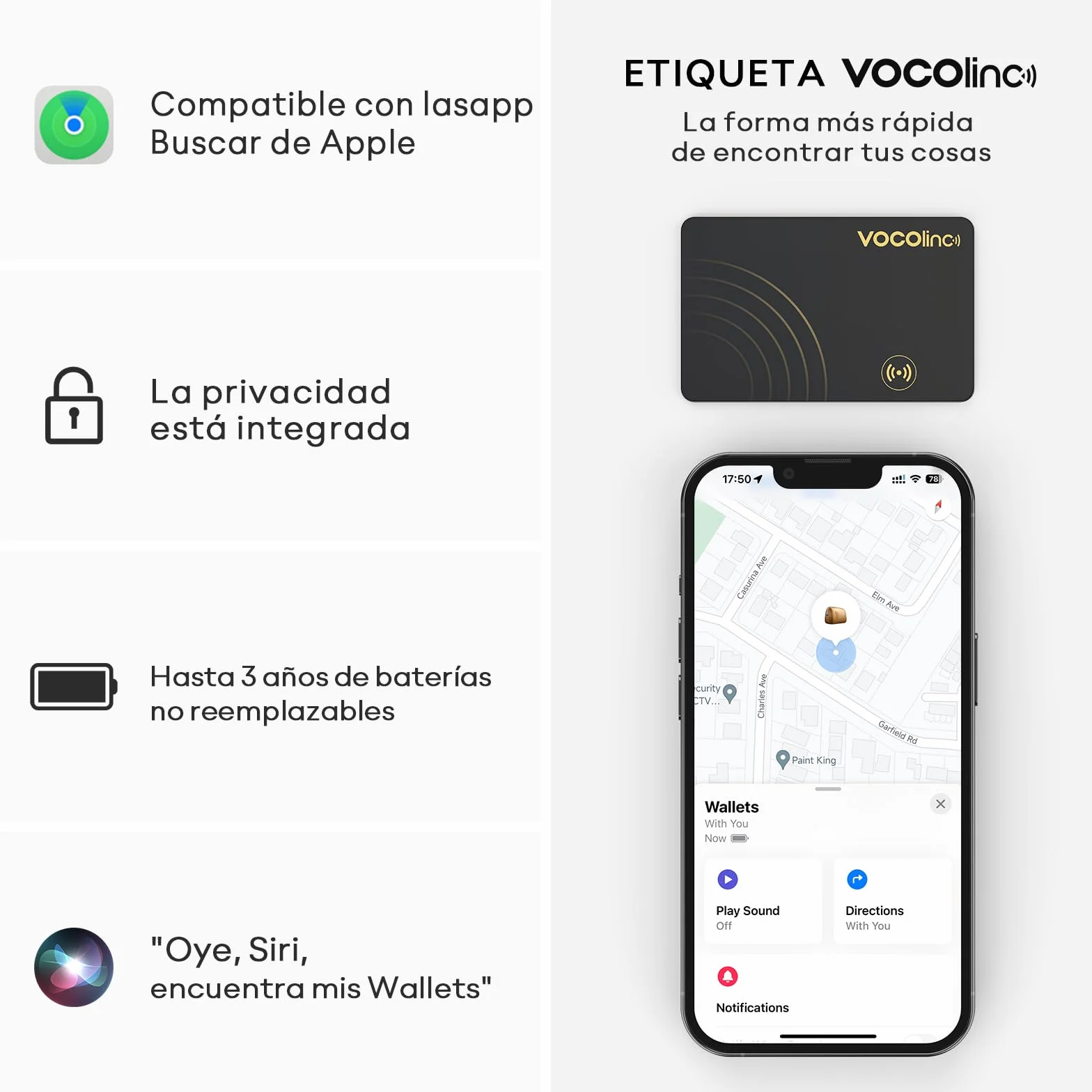 VOCOlinc Wallet Tracker Card Delgado 1.6mm, Smart Tracker Localizador Compatible con Apple Buscar App (Solo iOS, NO para Android), Buscador de Objetos para Cartera, Maletas, Pasaporte, Negro