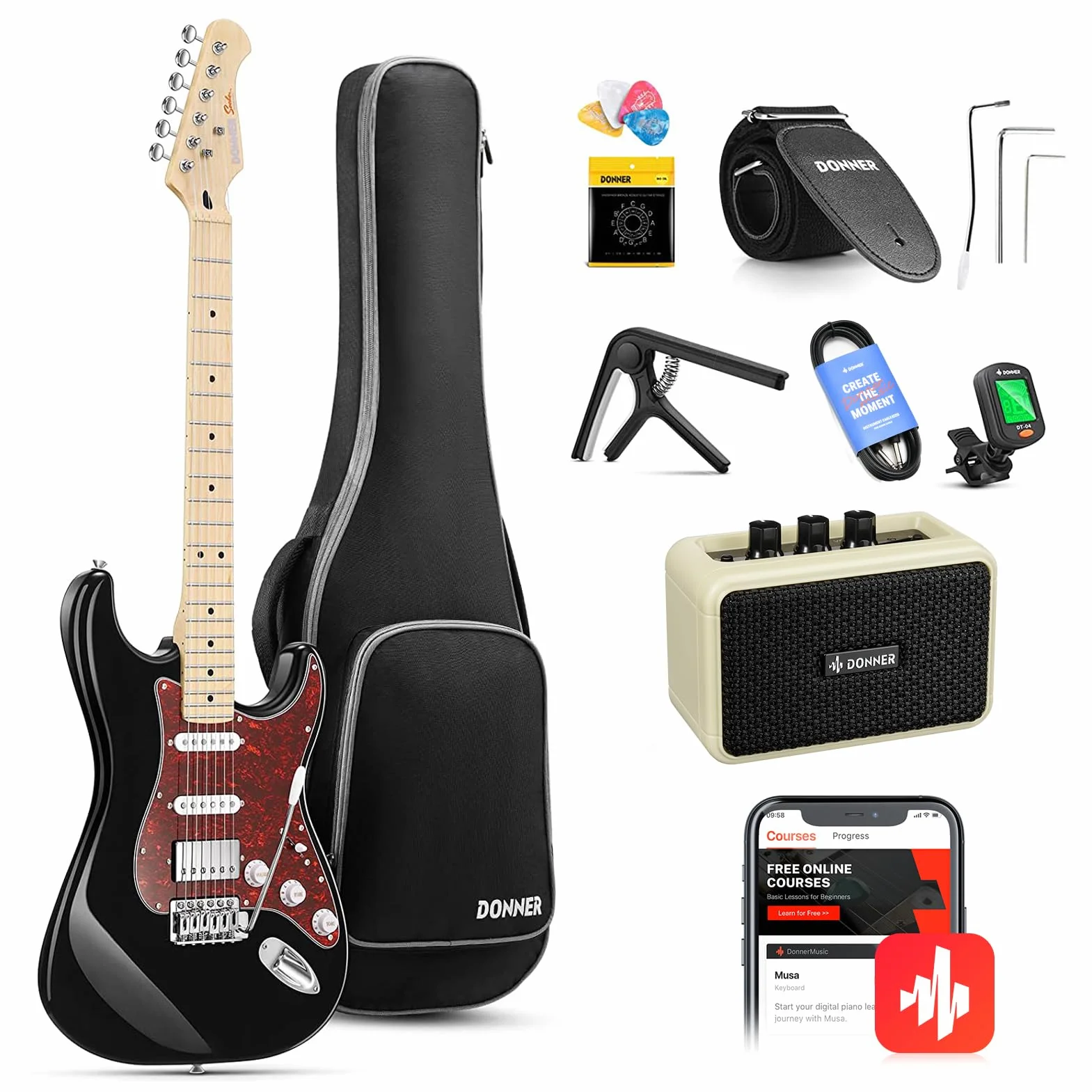 Donner Guitarra Electrica, Pack Guitarra Electrica de Tamaño Completo HSS Pickup Coil Split, Kit Guitarras Eléctricas con Amplificador, Accessories, DST-152B Negro