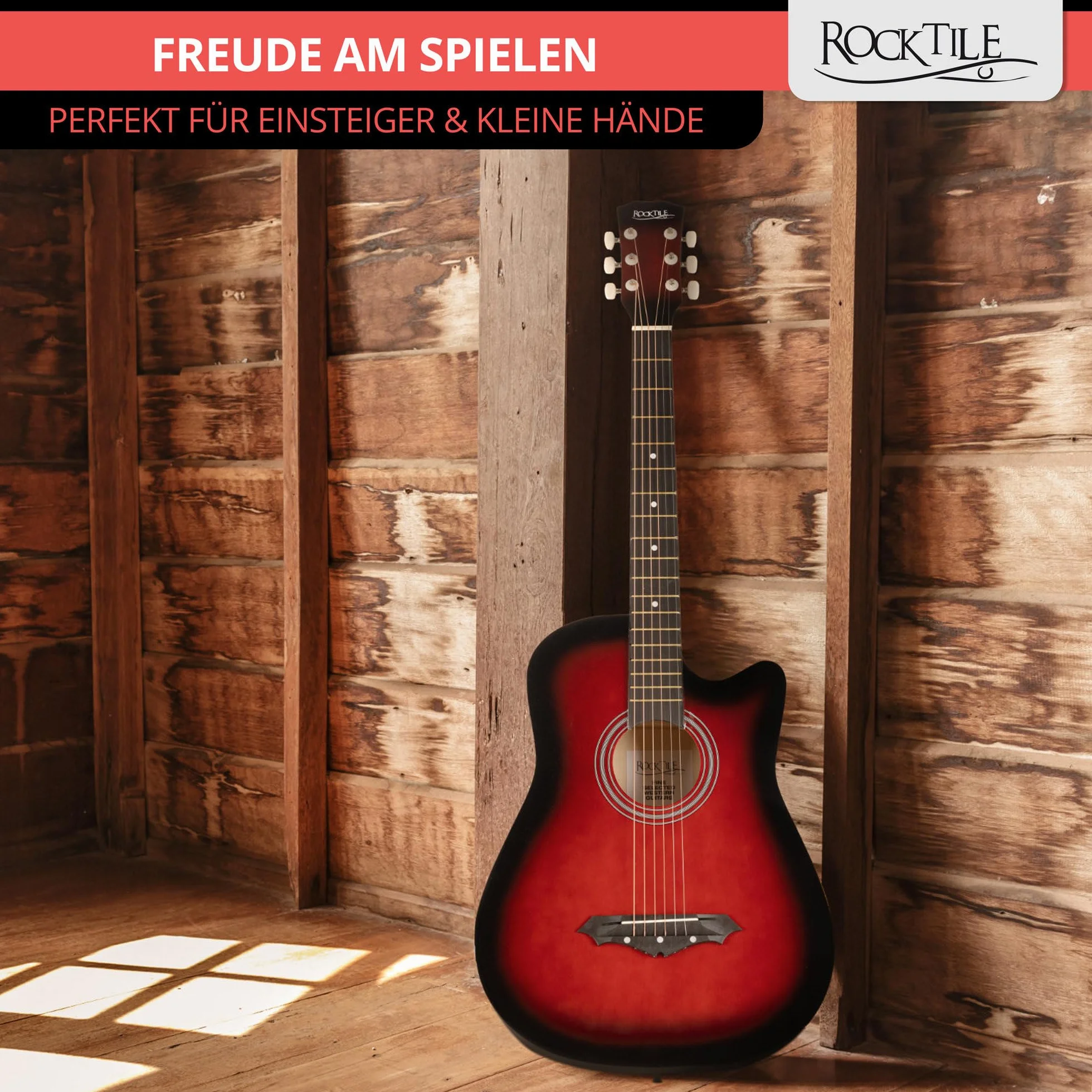 Rocktile WSD-5C-RDB Slim Line Set de Guitarras Western - Guitarra Acústica Dreadnought - Cuerpo de Tilo - Mástil: Catalpa - Set incluye funda, cuerdas de repuesto, correa y púas - Redburst