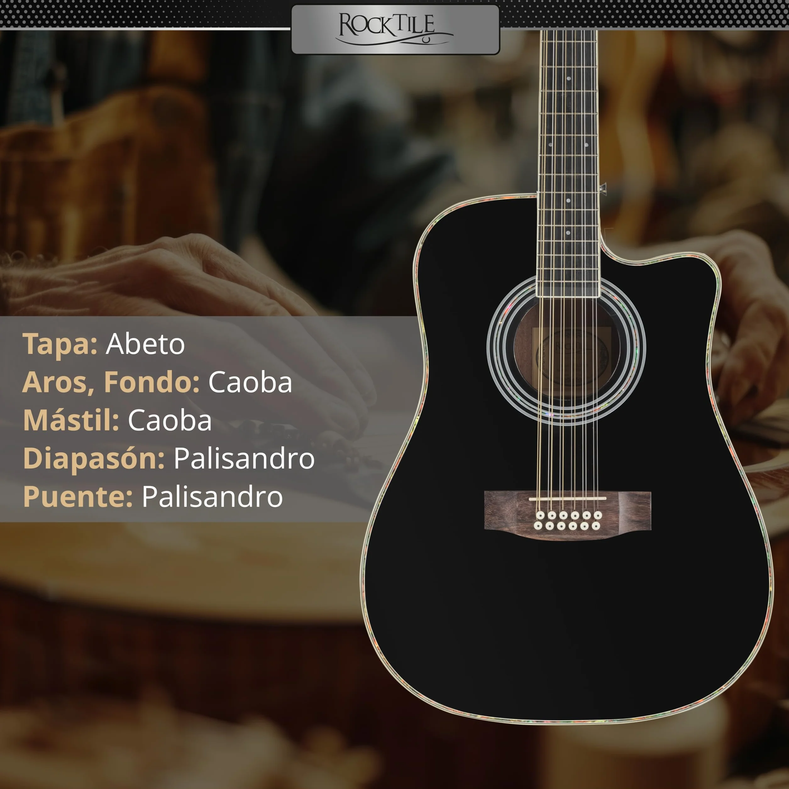 Rocktile WSD12-50C-BK Guitarra Western - Dreadnought De 12 Cuerdas Con Cutaway - Tapa De Abeto Y Cuerpo De Caoba - Diapasón De Palisandro - Acabado Gloss - Negro
