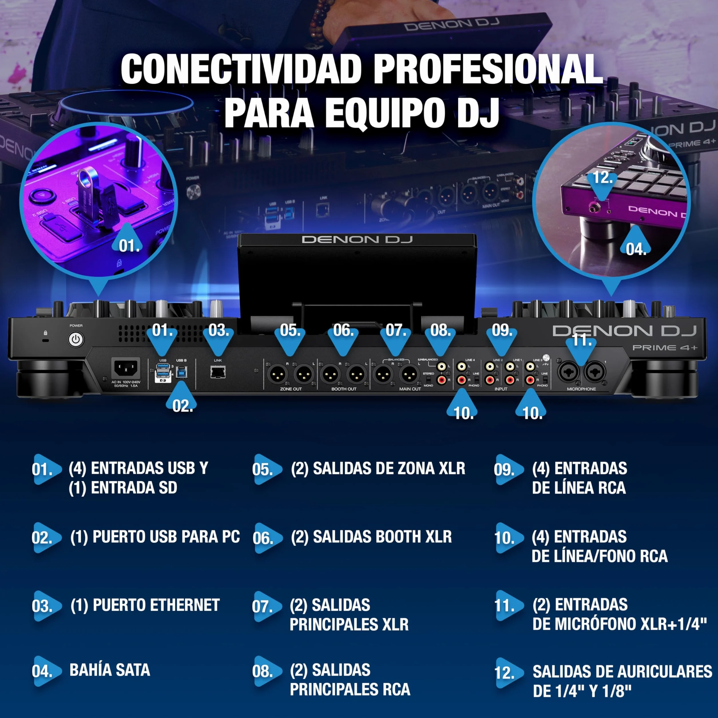 Denon DJ PRIME 4+ Controlador DJ Autónomo con Separación de Stems en 4 Decks, Streaming por WIFI, Mezclador, Pantalla Táctil 10.1-Pugadas, Control de Luces, Negro