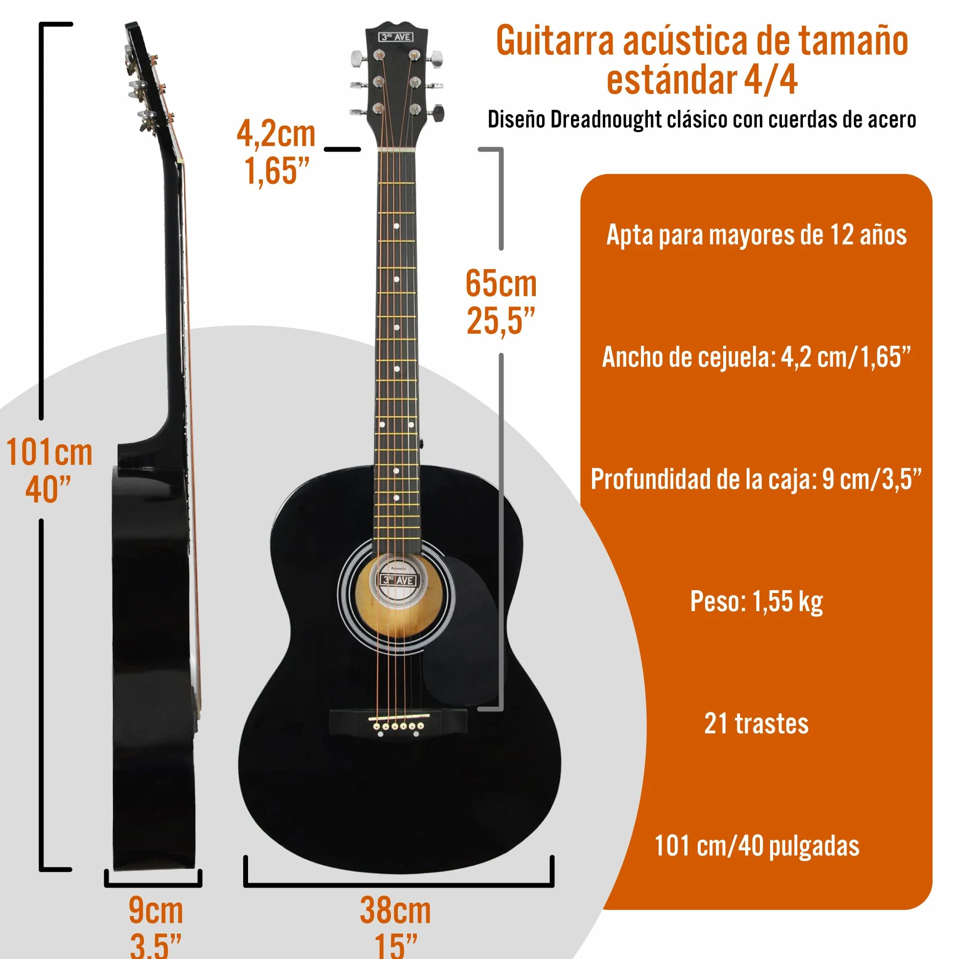 3rd Avenue Pack de guitarra acústica de tamaño estándar 4/4 para principiantes de 3rd Avenue, funda de transporte, púas, cuerdas de repuesto, soporte, correa y cejilla, Negro