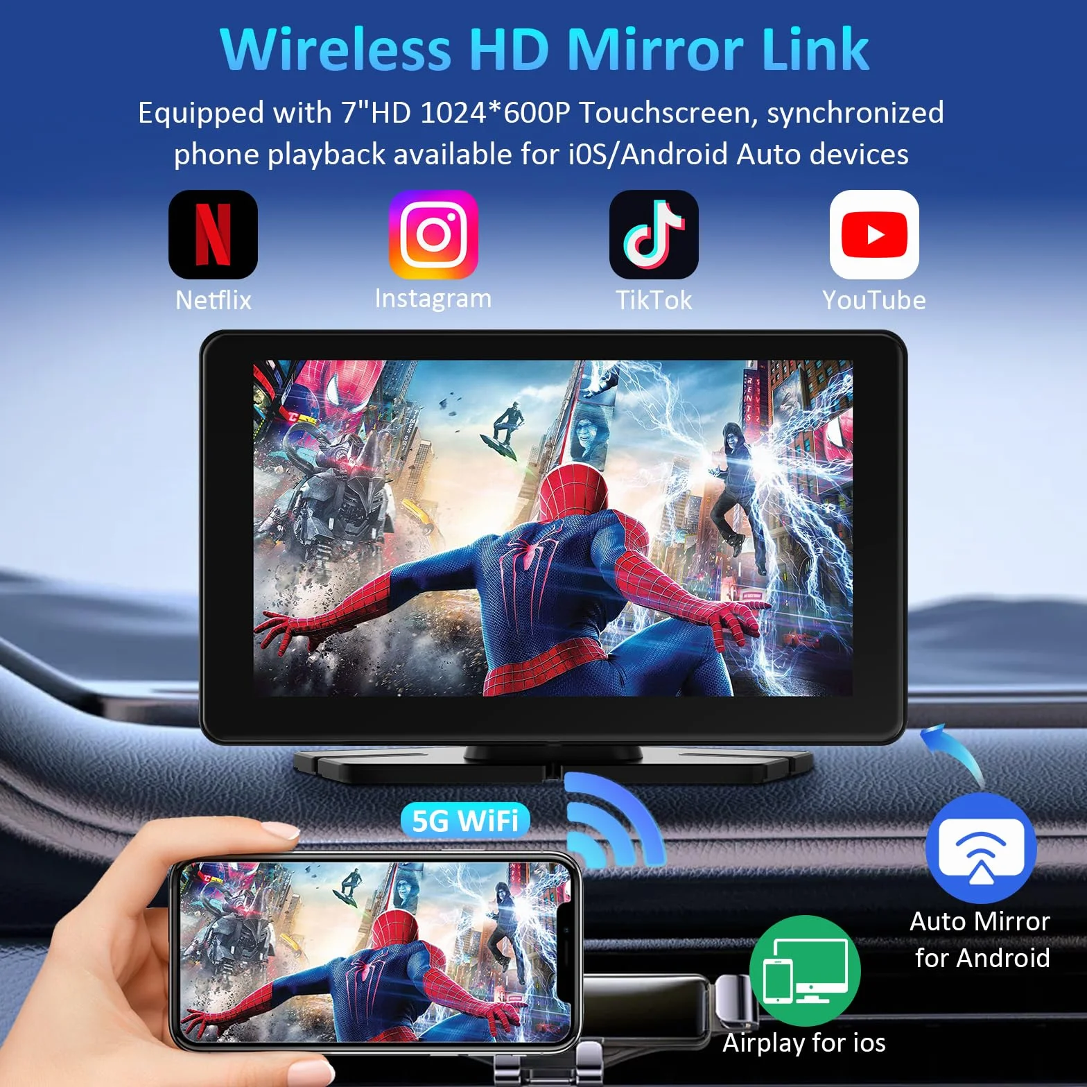Pantalla Coche con Carplay y Android Auto Inalámbrico, 7 Pulgadas Táctil Pantalla Carplay Coche, Portátil Radio con Bluetooth 5.3, Navegación GPS, Enlace Espejo, Airplay, Control de Voz, FM, AUX