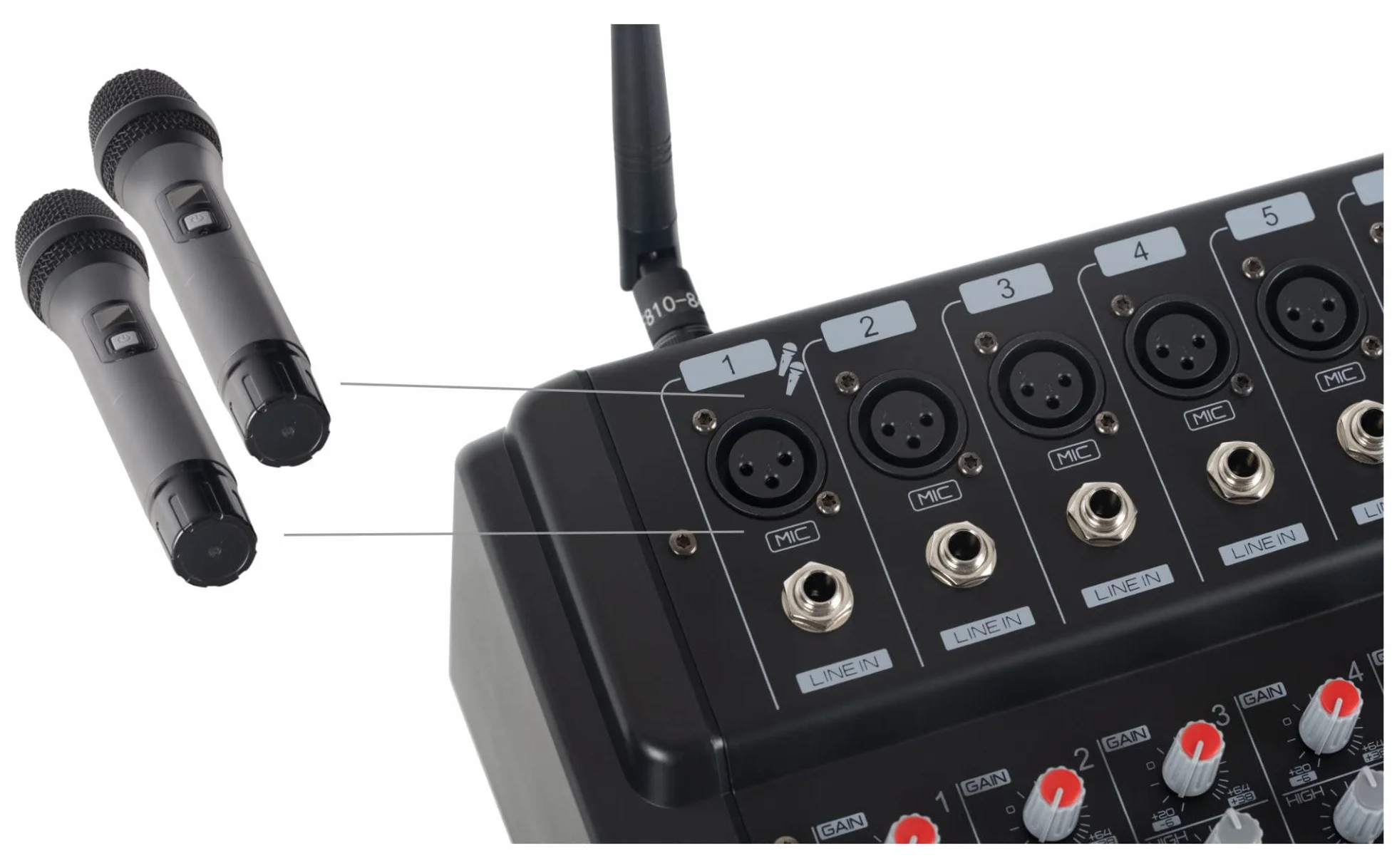 Pronomic Powermake 600 Mezclador 6 Canales con 2 Micrófonos UHF, 760W RMS, Procesador Multi-Efectos 24Bit, Reproductor/Grabador Bluetooth®/USB, Ecualizador Gráfico, Negro.