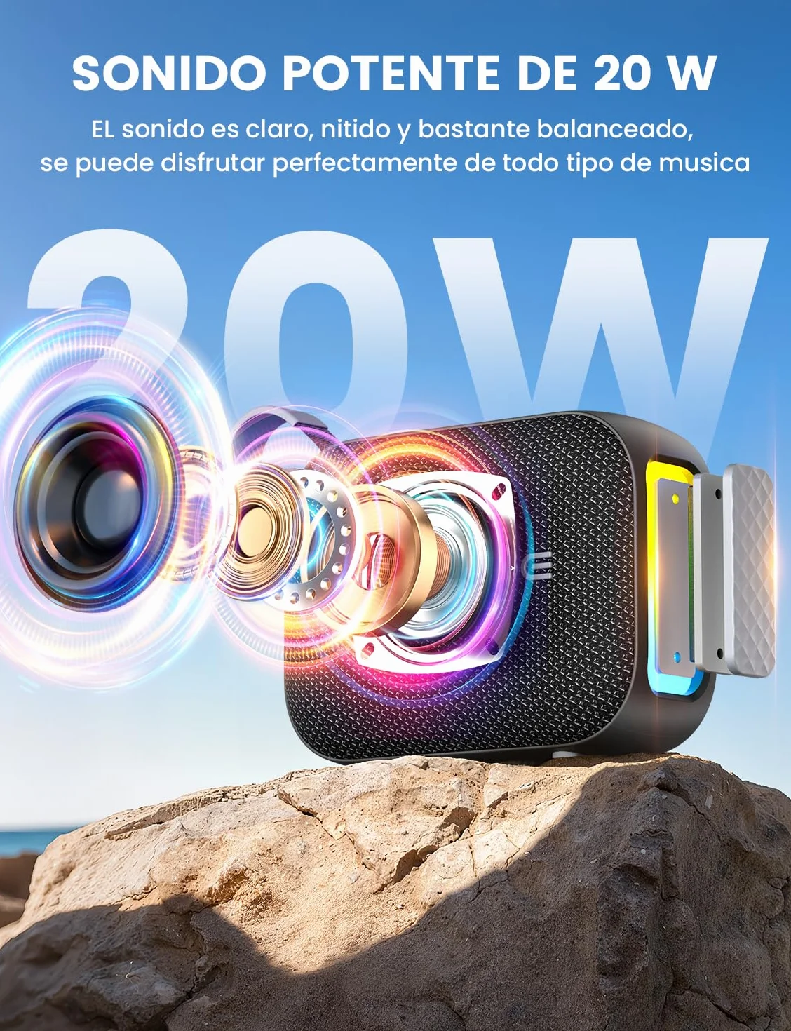 UOHHBOE Altavoz Bluetooth 6.0 20W Potente con Luz LED, TWS, IPX5 Impermeable, 24 Horas, Portátil