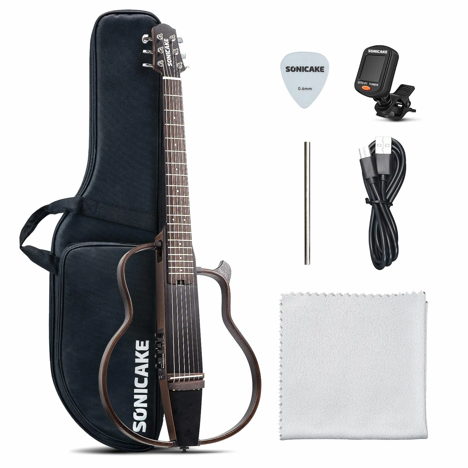 SONICAKE Guitarra Acústica-Eléctrica Portátil Cuerpo de Caoba Maciza, Marcos Fáciles de Montar, Preamplificador Sim de Múltiples Formas de Cuerpo, Funda y Accesorios QGT-01
