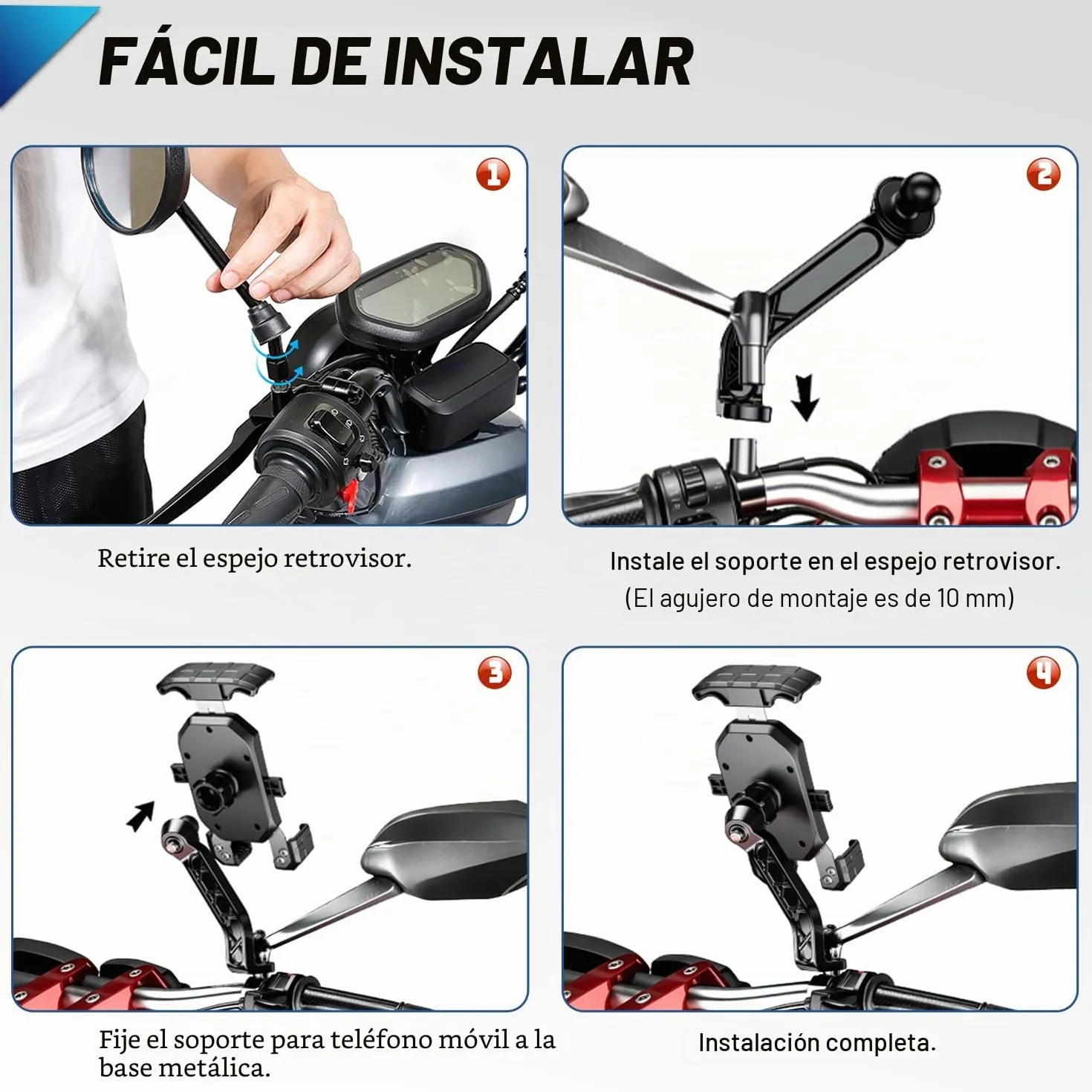 WACCET Soporte Movil Moto 360° Rotación Soporte Telefono Motocicleta Durable Anti Vibración Porta Movil Scooter Retrovisor Resistente al Óxido Portamoviles Moto para Móvil 4-7 Pulgada (Negro)