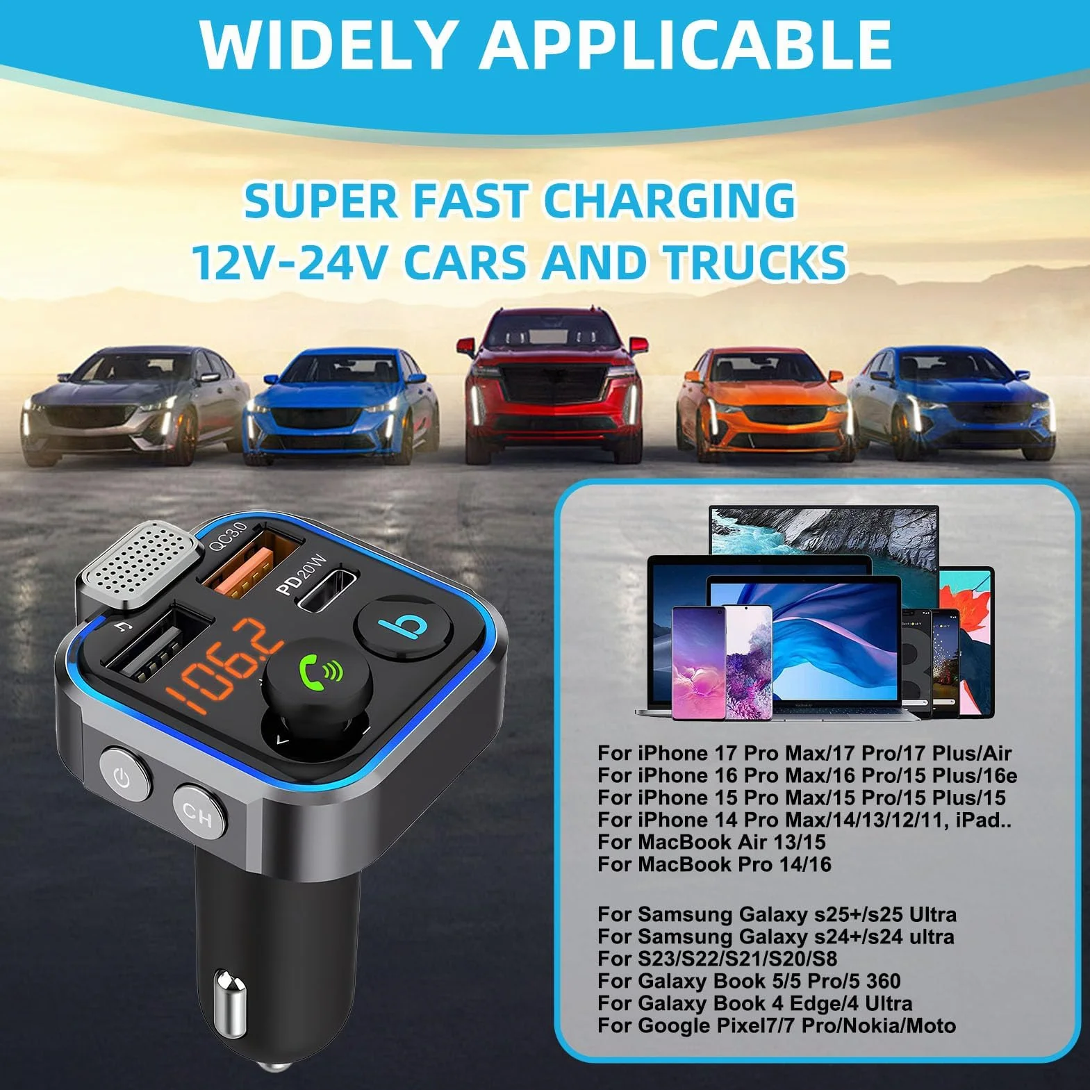 Transmisor FM Bluetooth Coche Adaptador Carga Rápida PD20W QC3.0 Reproductor MP3 USB
