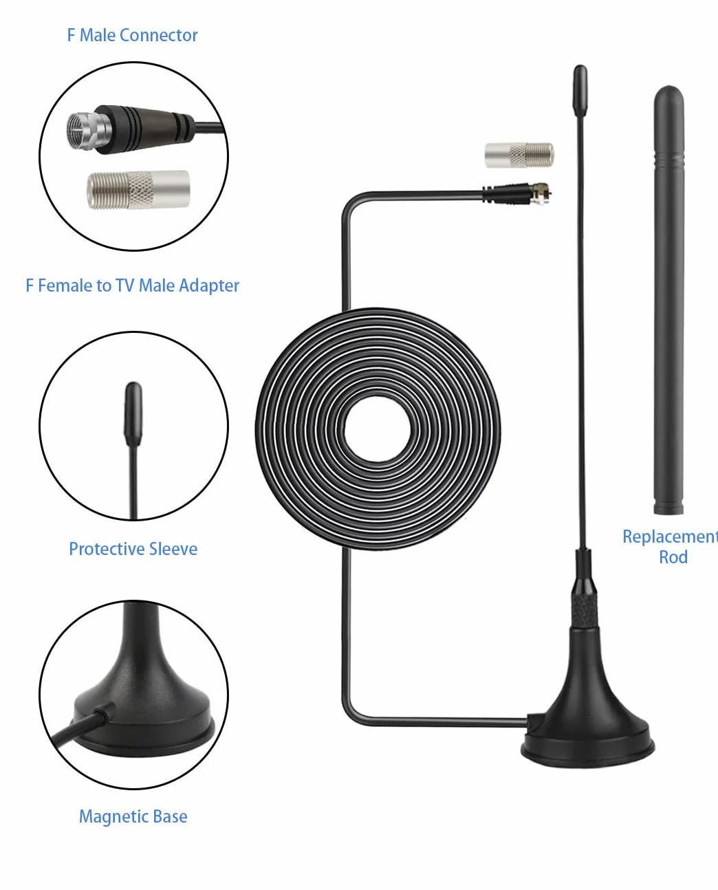 Vecys Antena de TV Digital DVB-T de 2 dBi Mini con Base Magnética y Dos Varillas de Repuesto Antena Interior de 50 Millas Cable Coaxial RG174 de 9.84ft para Dispositivos DVB-T