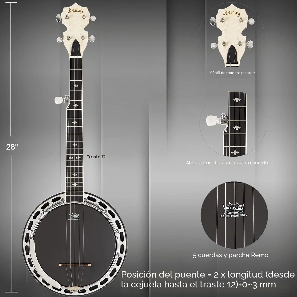 Mulucky Banjo de 5 cuerdas MINI, banjo de viaje de 28 pulgadas, cabeza Remo, resonador y afinador 5º engranado, kit de inicio con regla de púas y afinador