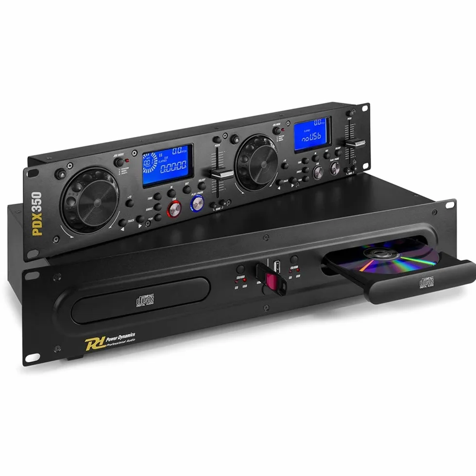 Power Dynamics PDX350 Dual DJ CD/USB Player Controller, Dual Player para PDX350: CD/USB /MP3, Anti-Choque con Buffer RAM, Reloop, 2X LC Display, Compatible con Rack 19", Negro