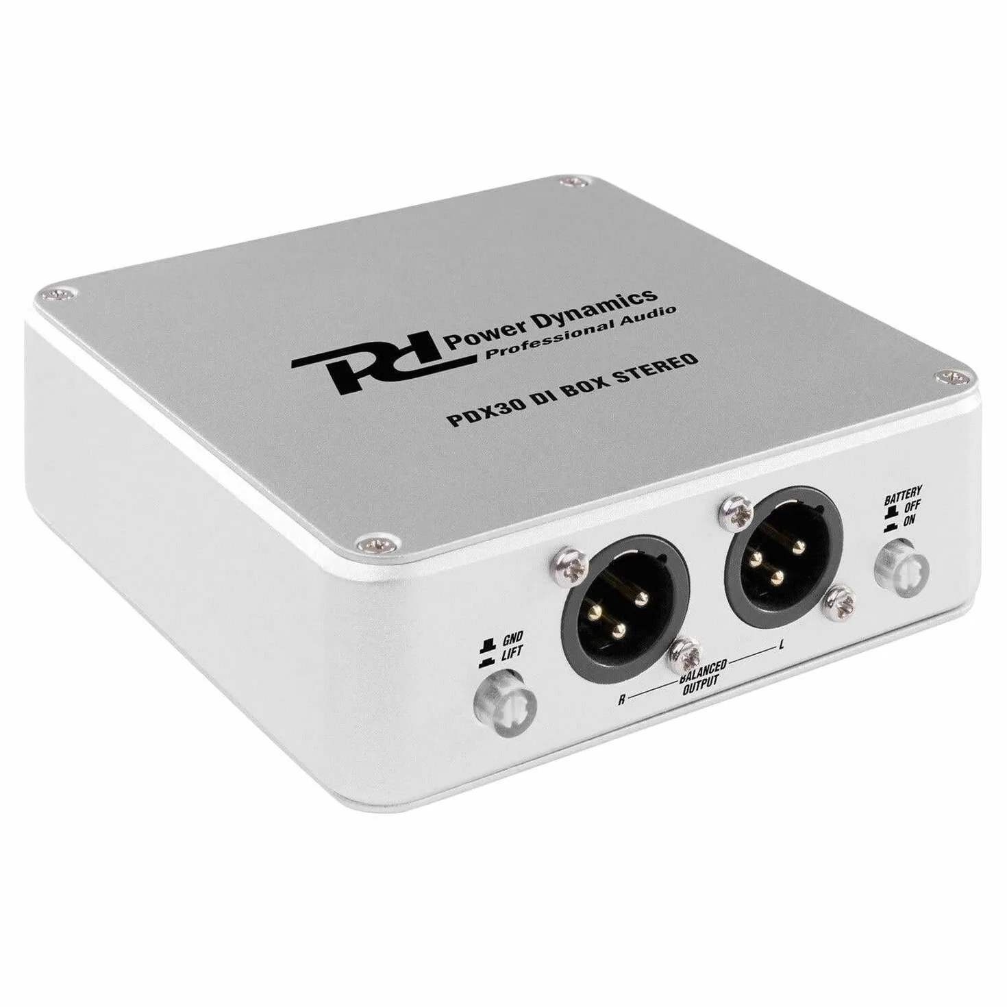 Power Dynamics PDX30 Caja DI Estéreo - Caja DI Profesional, Salida XLR balanceada, Entrada/Salida de Jack estéreo de 6,3 mm, alimentación conmutable: Pila de 9 V/alimentación Phantom de 48 V