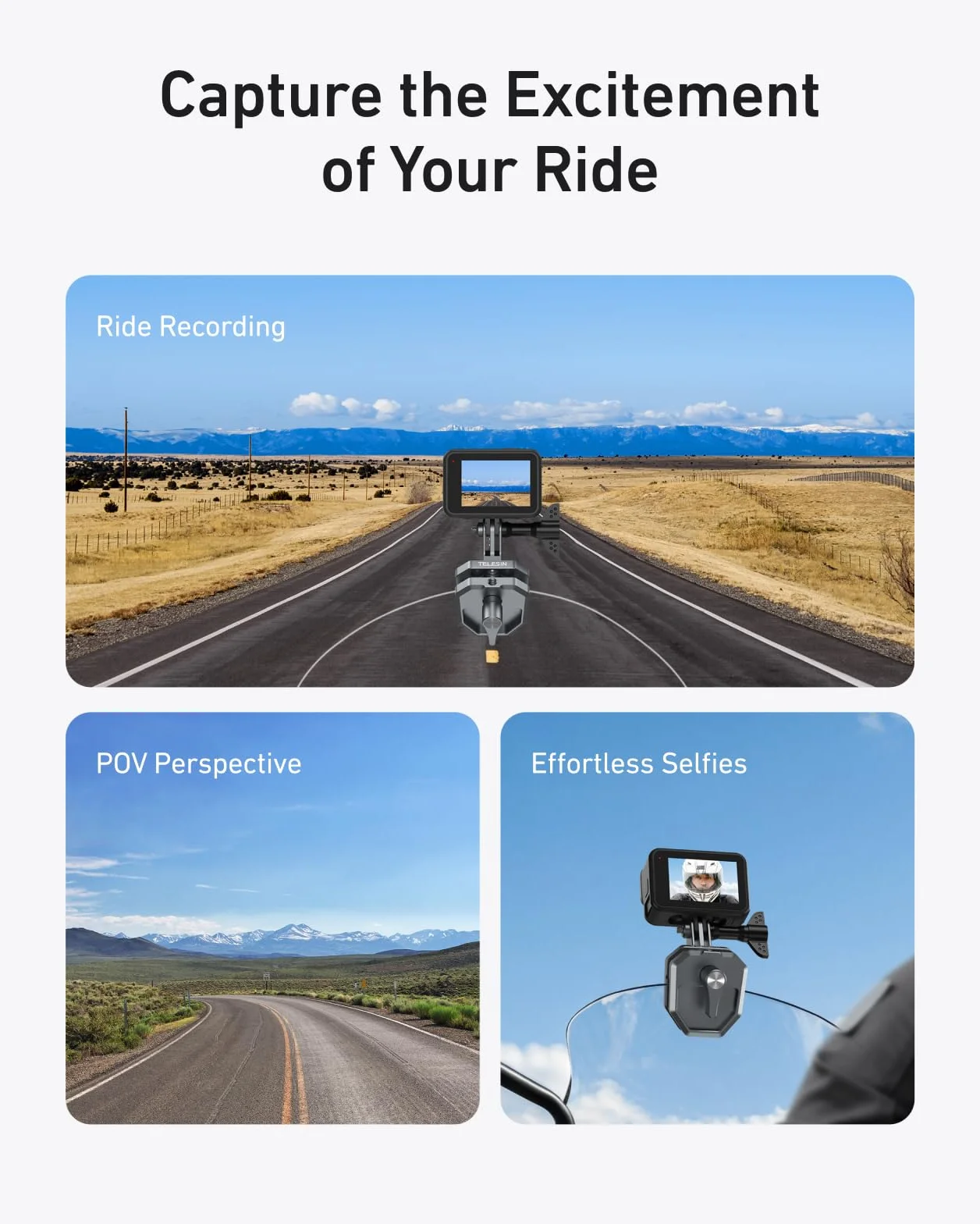 TELESIN Soporte de Aluminio para Parabrisas de Moto con Abrazadera Clip Compatible con Hero 13 12 11 10 9 Insta360 X5 X4 X3 Ace Pro Osmo Action 6 5 Pro 4 3 2 Accesorios para Motos y cámaras de acción