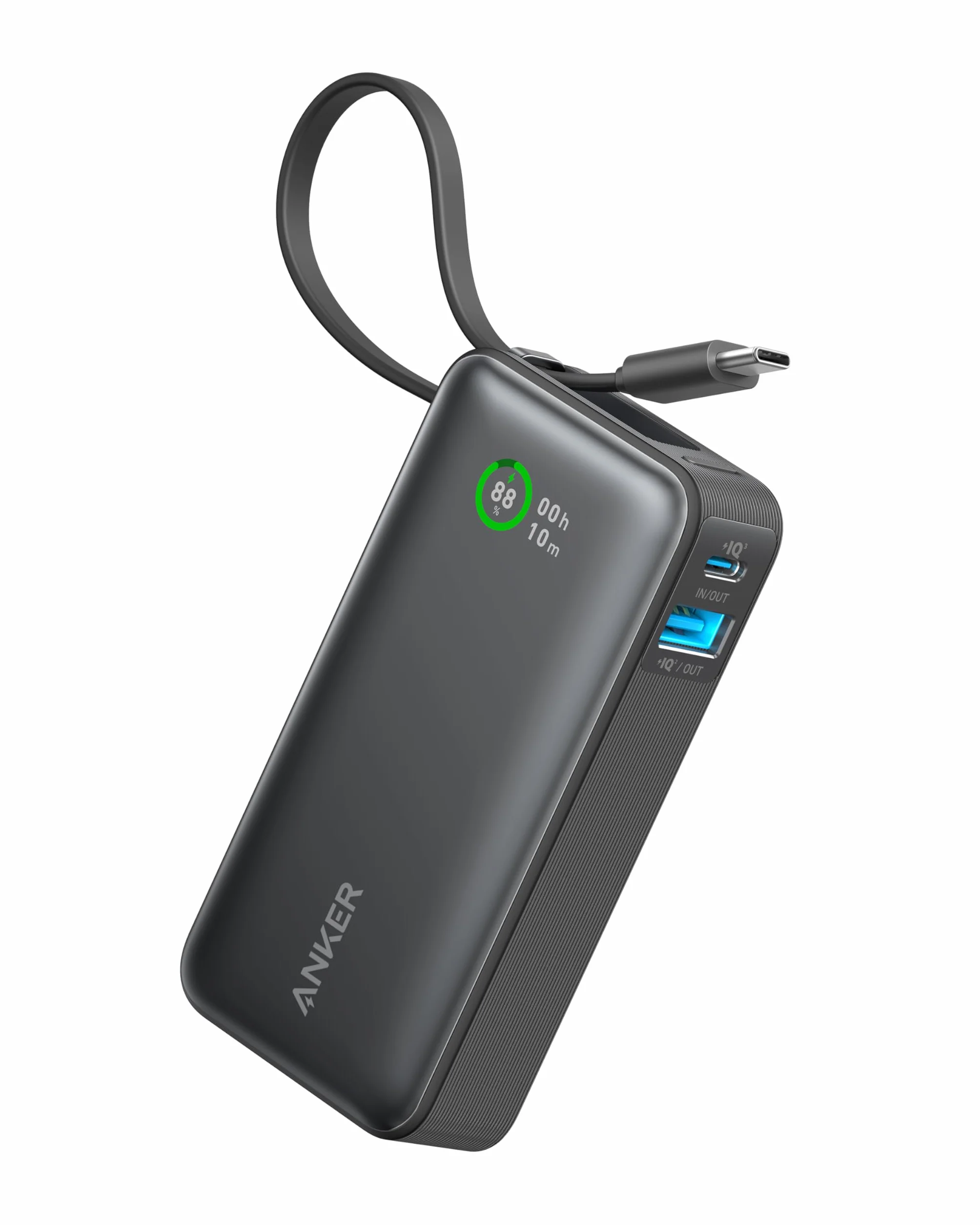 Anker Nano Power Bank 10.000 mAh Powerbank con Cable USB-C Integrado, PD 30 W de Potencia Máxima con 1 x USB-C & A, Compatible con iPhone 17/16/15/14 Series, MacBook, Galaxy, iPad, AirPods y más