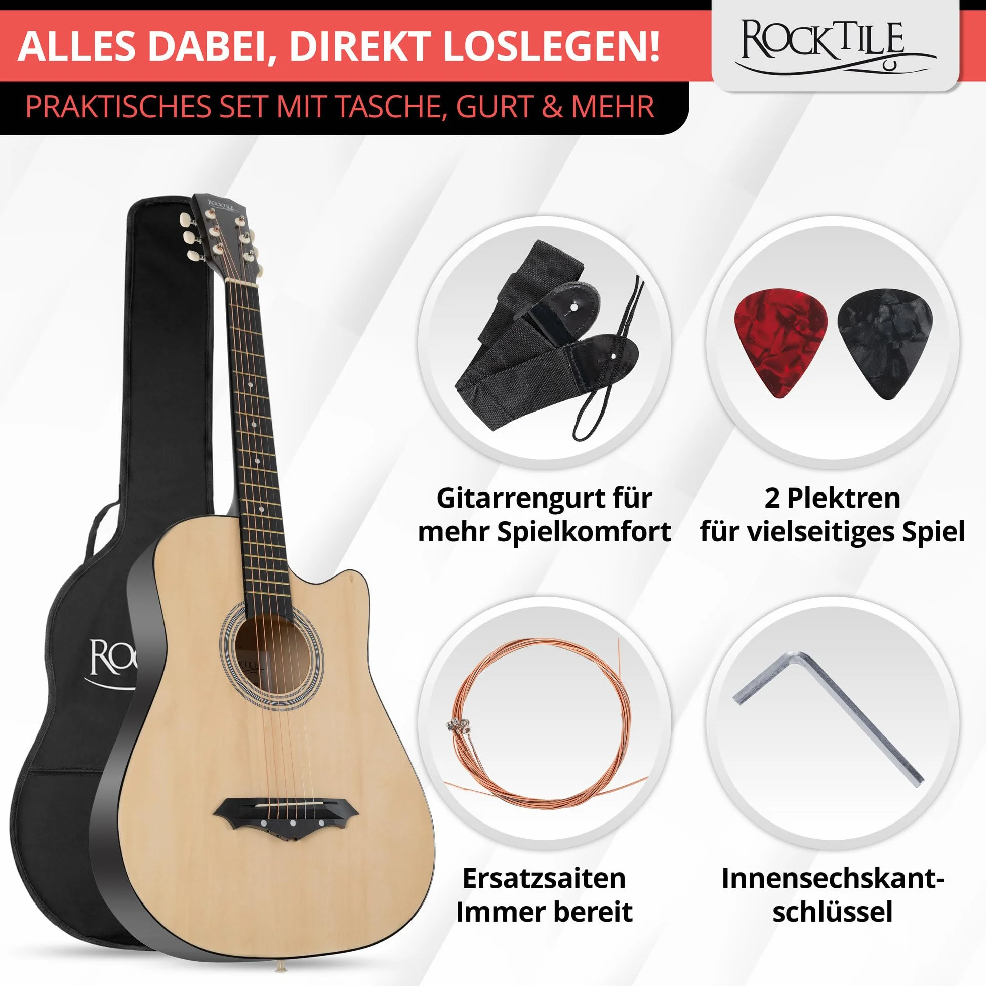 Rocktile WSD-5C-NT Slim Line Set De Guitarras Western - Guitarra Acústica Dreadnought - Cuerpo De Tilo - Mástil: Catalpa - Set Incluye Funda, Cuerdas De Repuesto, Correa Y Púas - Natural