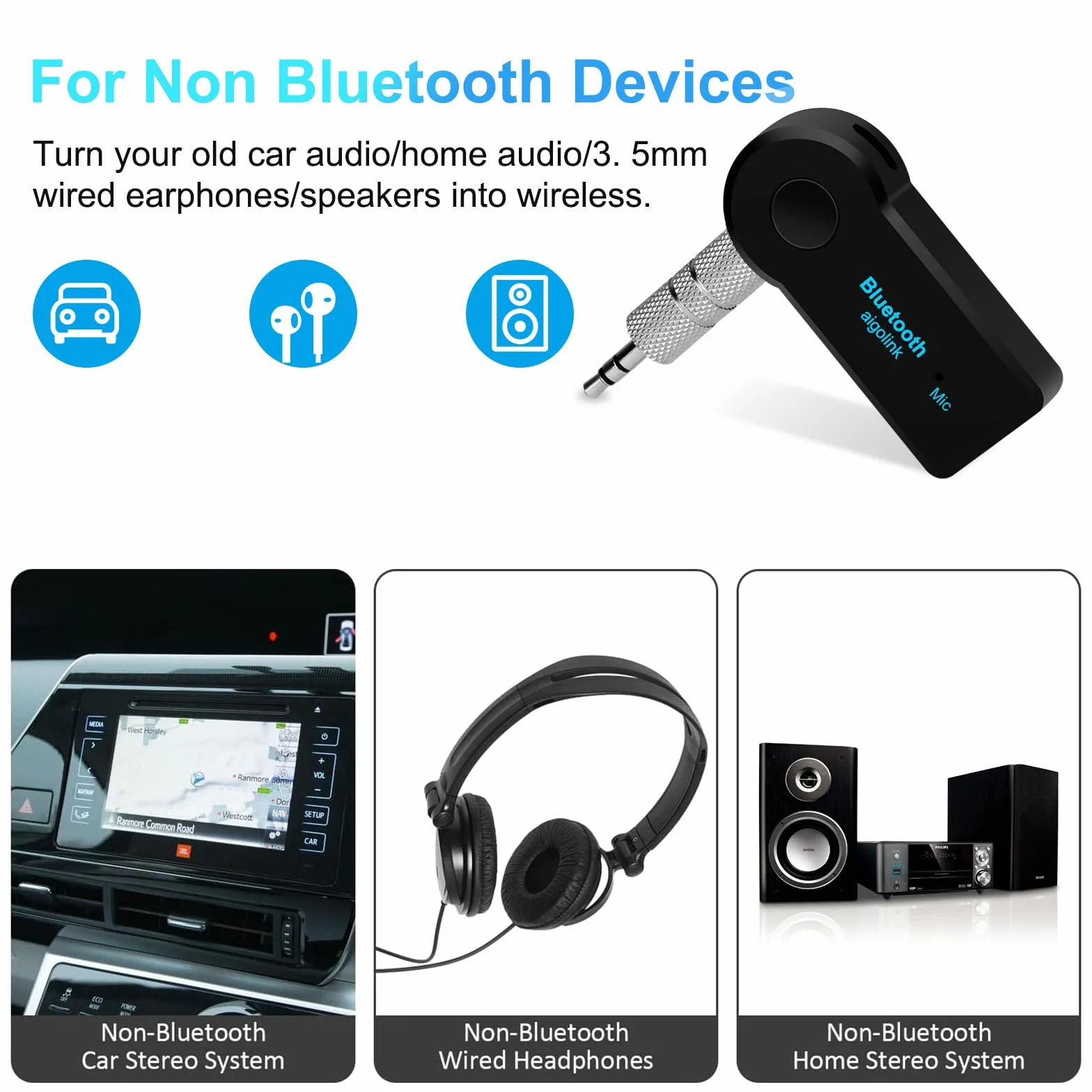 Receptor Bluetooth Jack 3.5mm, AUX Adaptador Audio Bluetooth con 8Hrs de Musica Streaming, Llamadas Manos Libres para Coche/Estéreo Domestico/Altavoz/Auriculares con Cable