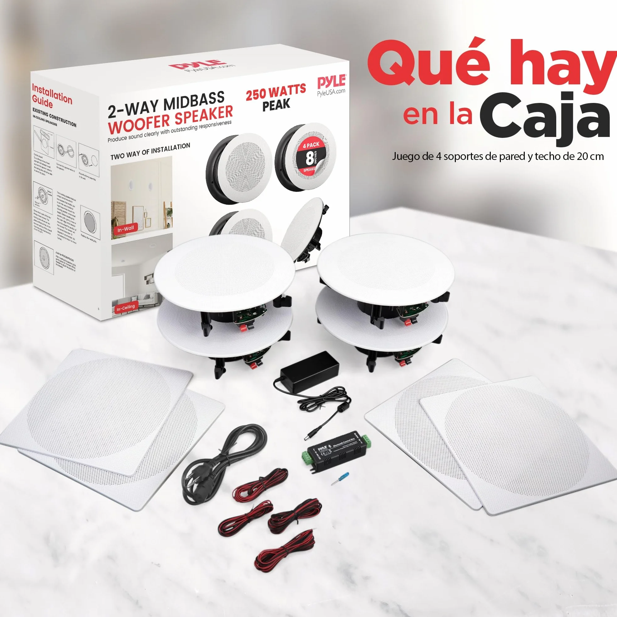 Pyle Altavoces empotrables 8" 250W Dos vías Estéreo Amplificador 4 Canales