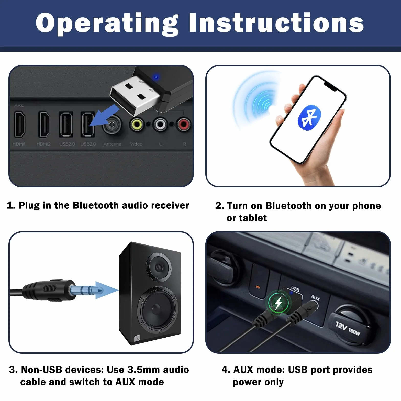 Adaptador Bluetooth USB para Coche con AUX, Receptor Audio Inalámbrico Blue Tooth 5.1, Bluetooth Auto para Música sin Cables, Compatible con Android Auto y CarPlay, Cable Jack 3.5mm