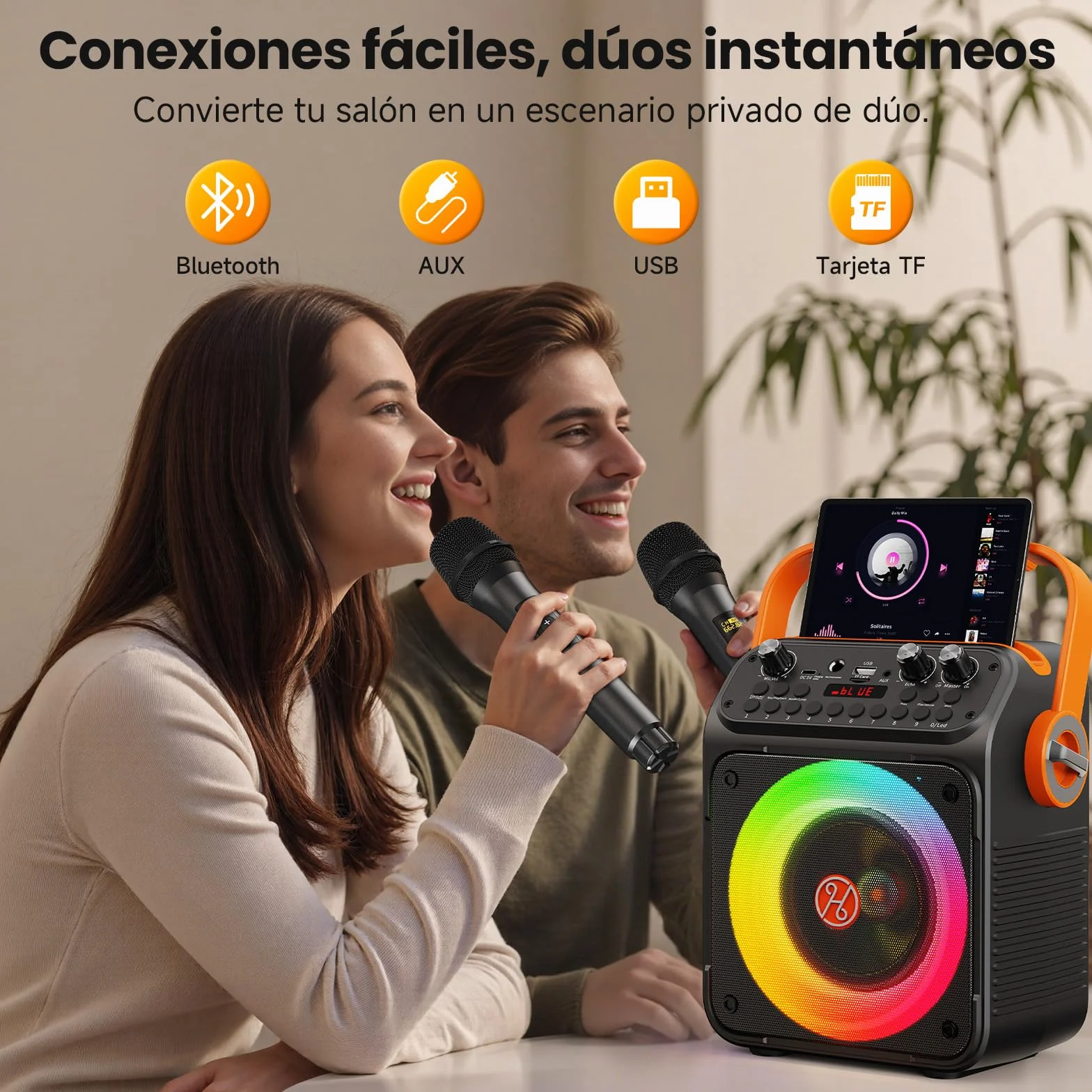 HWWR Karaoke 2 Microfonos Inalambricos, Karaoke Profesional para Adultos Y Niños Altavoz Bluetooth con Preamplificador De Micrófono, Portátil Bluetooth Fiesta Altavoz Karaoke-Regalo