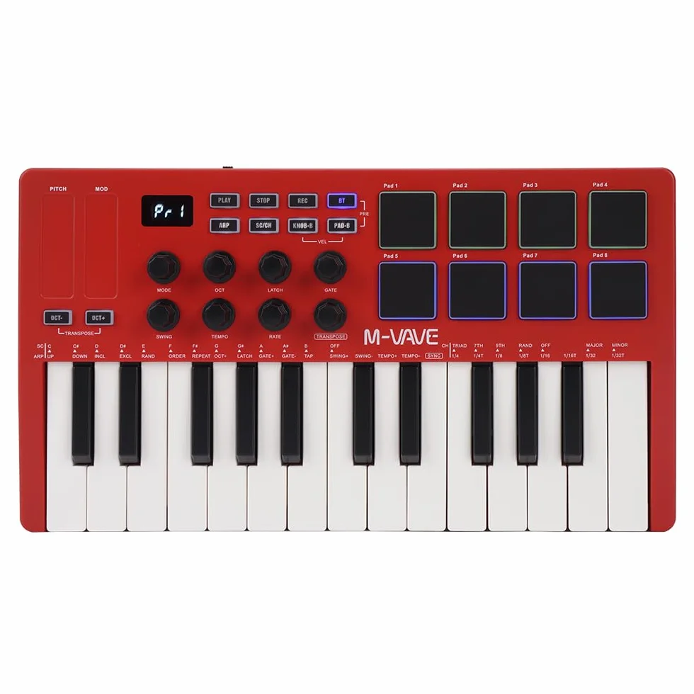 M-VAVE SMK-25RD - Teclado Controlador MIDI USB de 25 Teclas con 8 Pads de Batería Retroiluminados, Bluetooth, 8 Teclas, Teclas Dinámicas Profesionales, Rojo