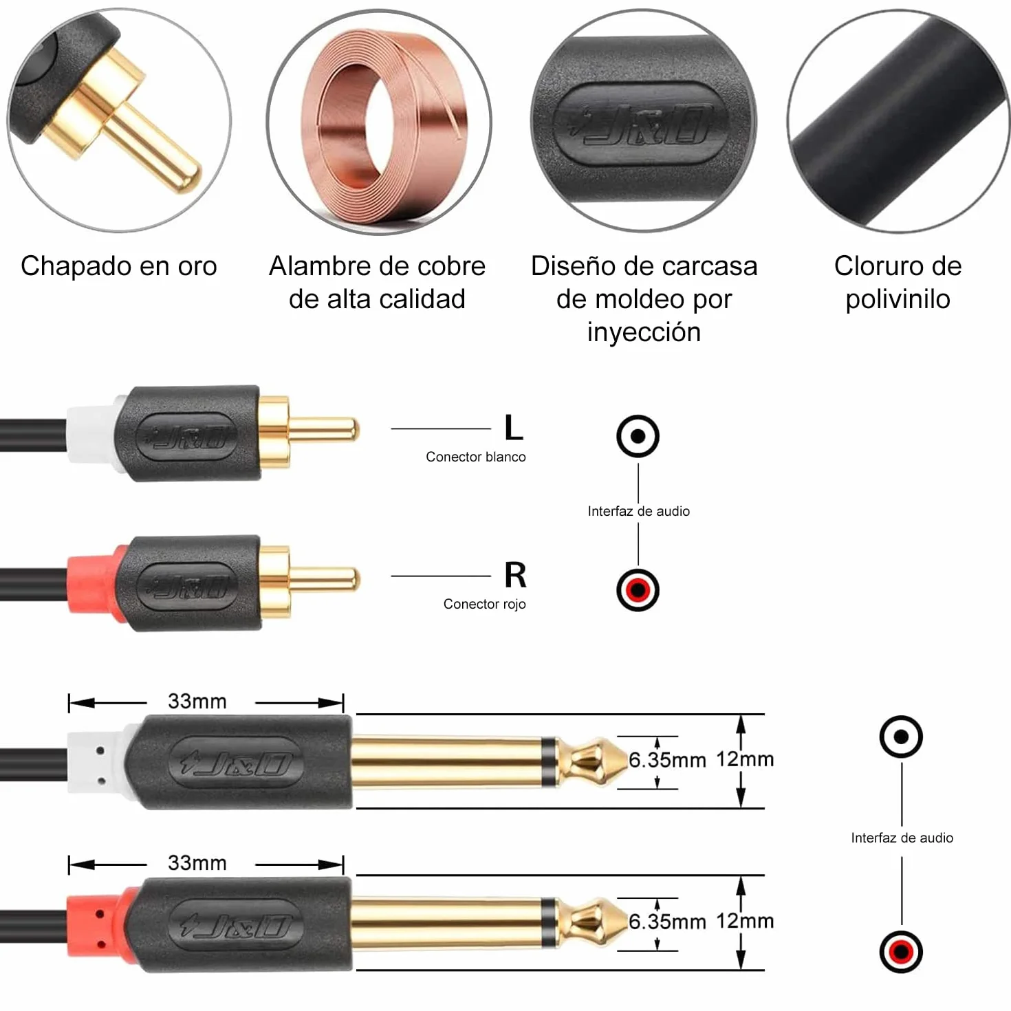 J&D Cable de RCA a Jack TS 6.3 mm 1.8M, Chapado en Oro [Audiowave Series] 2 x 6,3 mm 1/4'' Macho TS a 2 RCA Macho Cáscara de Estéreo Adaptador de Audio y Divisor RCA Cable