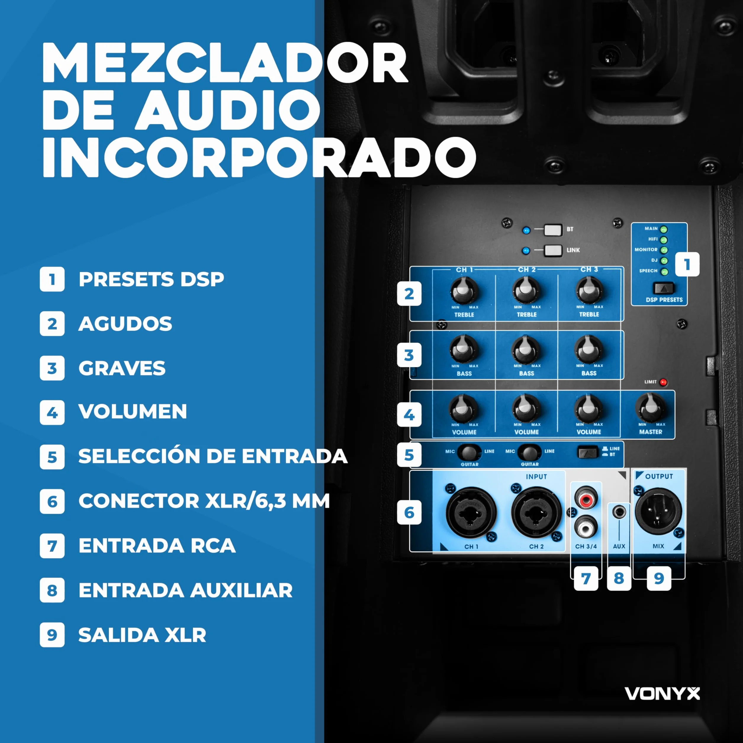 Vonyx VX820 – Altavoz de Columna Activo Line Array 400W con Bluetooth 5.0, Mezclador de 4 Canales y DSP, Sistema de Sonido Profesional portátil Plug and Play, Ideal para Eventos, Color Negro