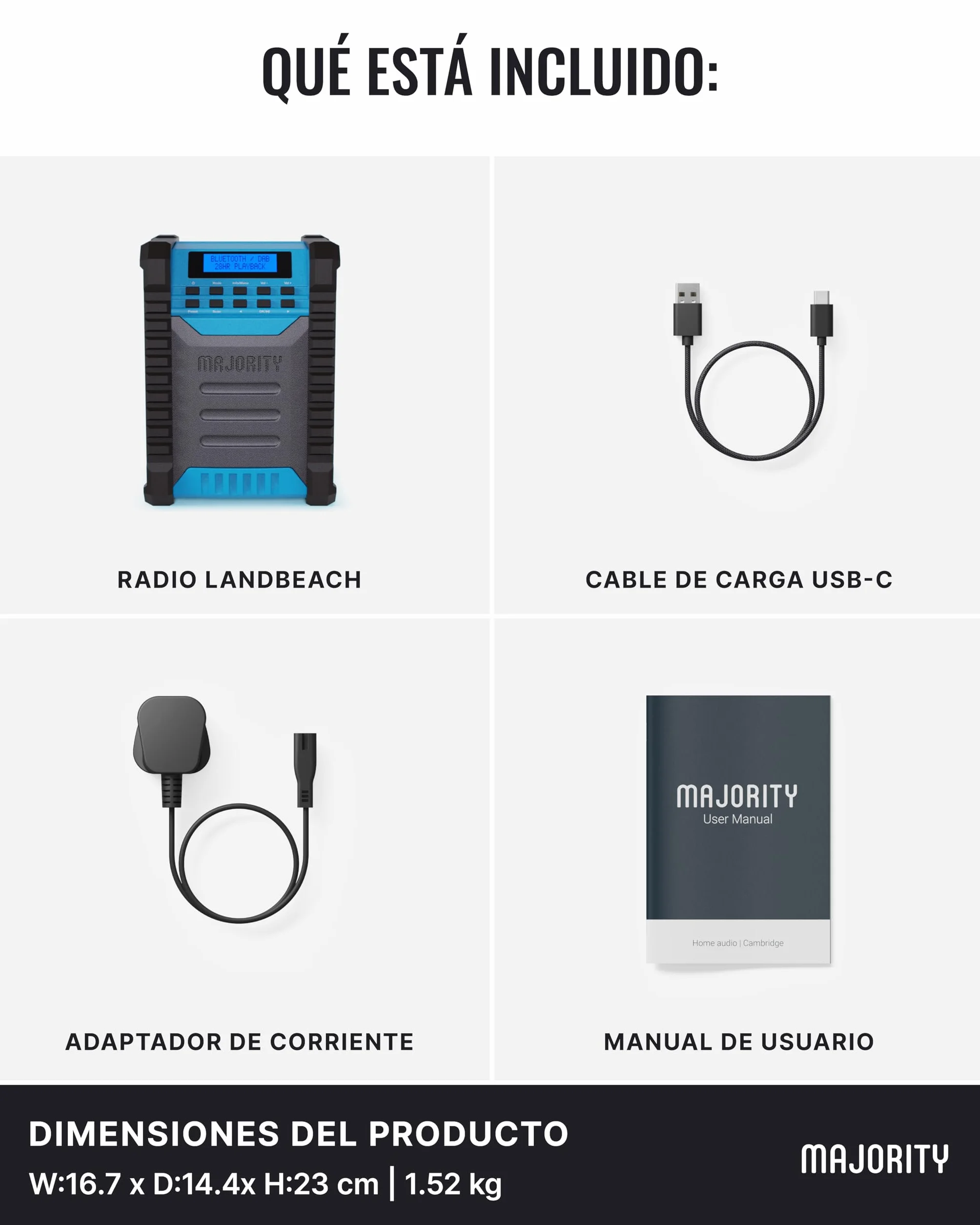 MAJORITY Landbeach Radio de Obra Portátil | Batería de 10.000 mAh Dab+ & FM Digital Radio con Bluetooth | Clasificación de Protección IP54 contra Polvo y Agua | 40 Presets and 6 EQ